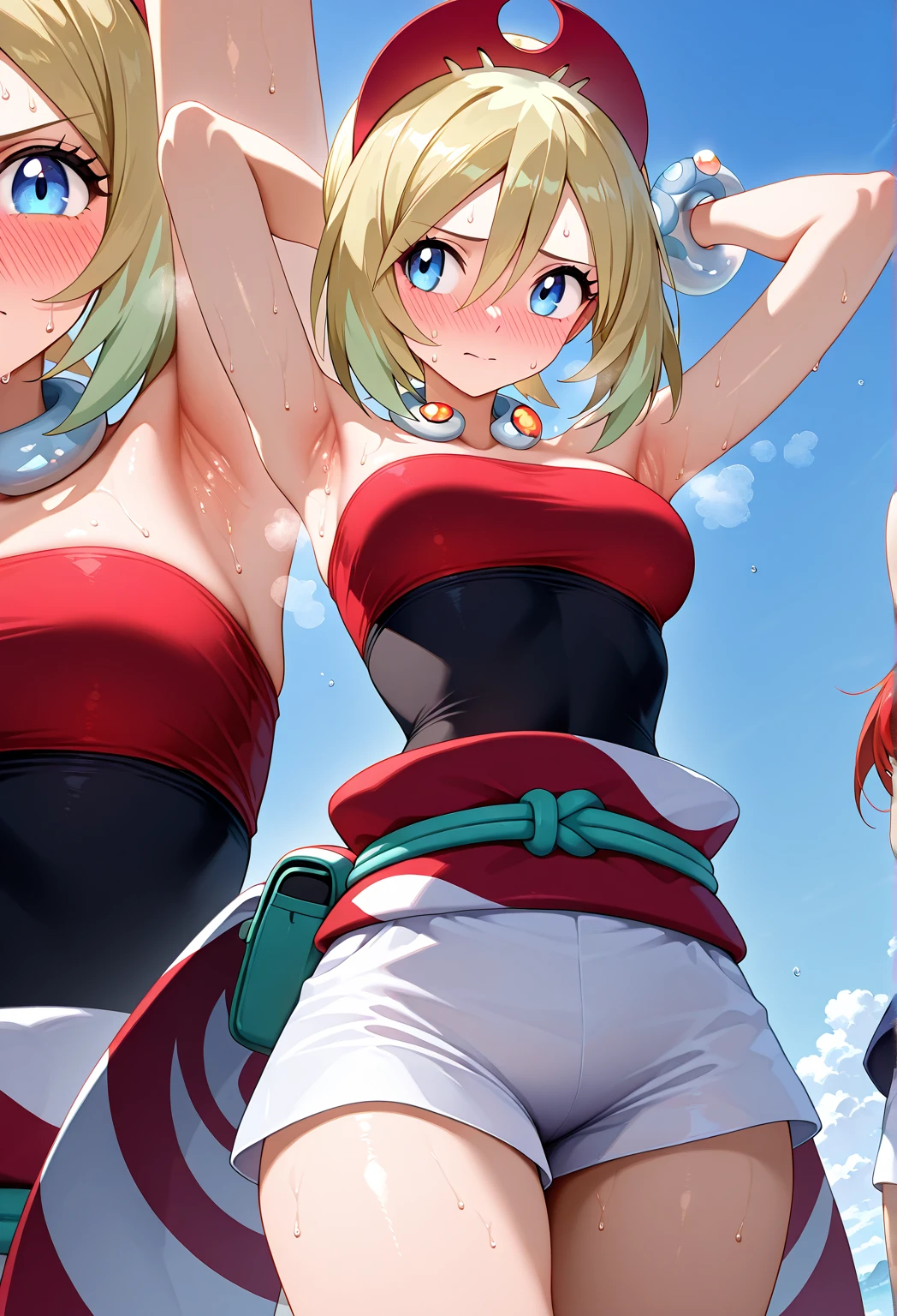 some pretty anime characters fighting over with one another over the top of them a sun blushing lewd face while wearing very tight boots micro leaf bikini, standing an animated figure with white hair holding a leaf and a green leaf behind her is speech bubble