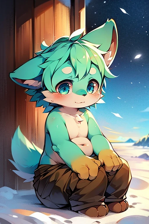 Shota the cat ear who is one meter and five meters tall,Bluish white fur,Cyan eyes,Extremely cute,Puffed panties,Standing by the beach