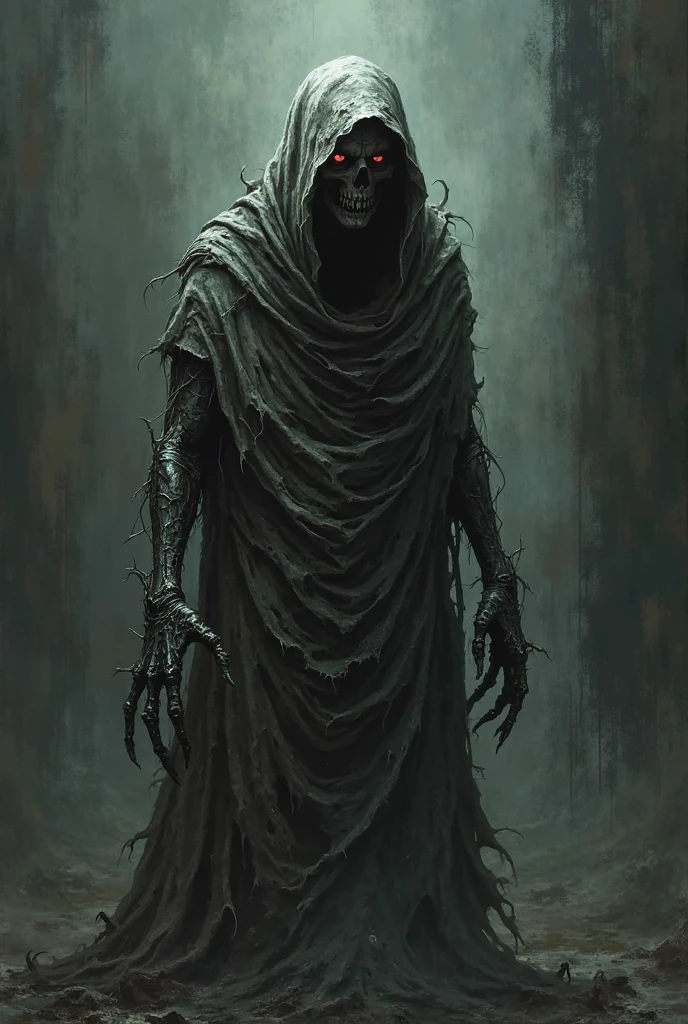 divine creature, God of the darkness of the abyss, wearing a cloak made of pale, dead bodies, wearing a large cape with his face covered by darkness, black and deformed appearance with torn and dirty clothing, humpbacked, huge ass, Colossal, in the dark, elongated body like that of an extremely thin giant, several arms 