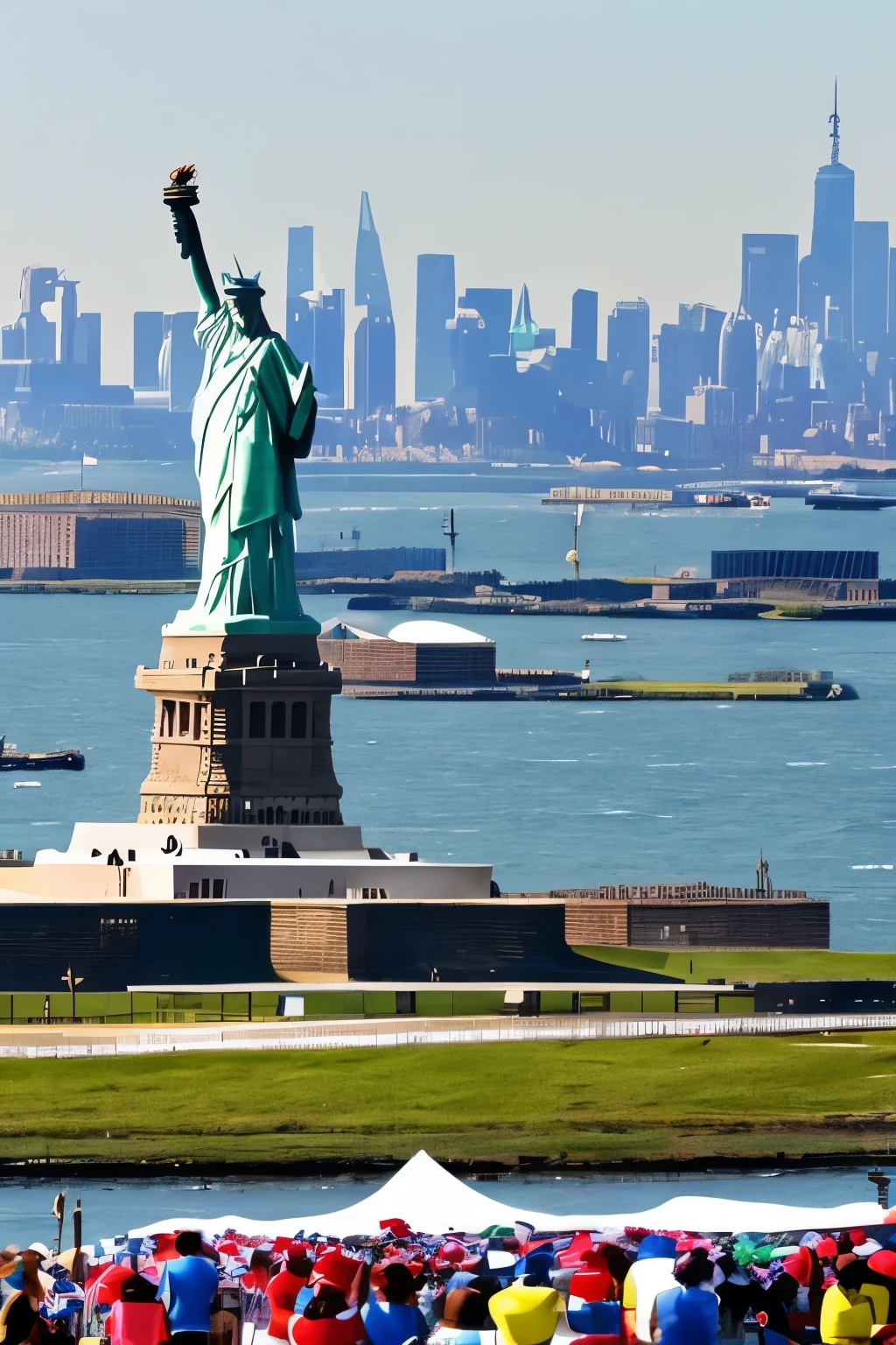 scene with the Statue of Liberty in the background, fogos de artificio, Party mood July 4th, liberty island, Statue of Liberty USA, scenario of July 4th with the Statue of Liberty, 