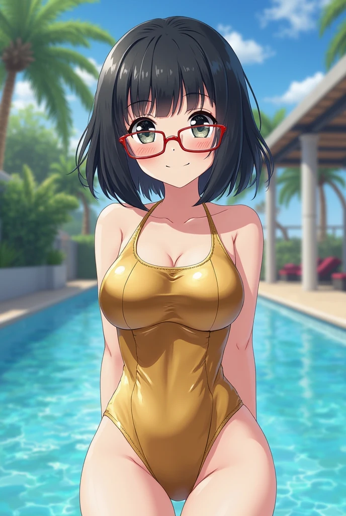 (full body Swimwear style) (beautiful body), (solo:2, 32 yo, bob brown hair short hair cute woman, beautiful green eyes, glasses, happy smile, love mode, medium:1.2 tits), (in a elegant:1.3 pink leather halter neck dress swimsuit, Ruby double exposure:1.1), break, in the Swimsuit contest venue, background detailed beautiful Coast, BREAK, perfect anatomy, masterpiece, best quality, 16k, beautiful detailed love, sexy, daydreaming expression.
