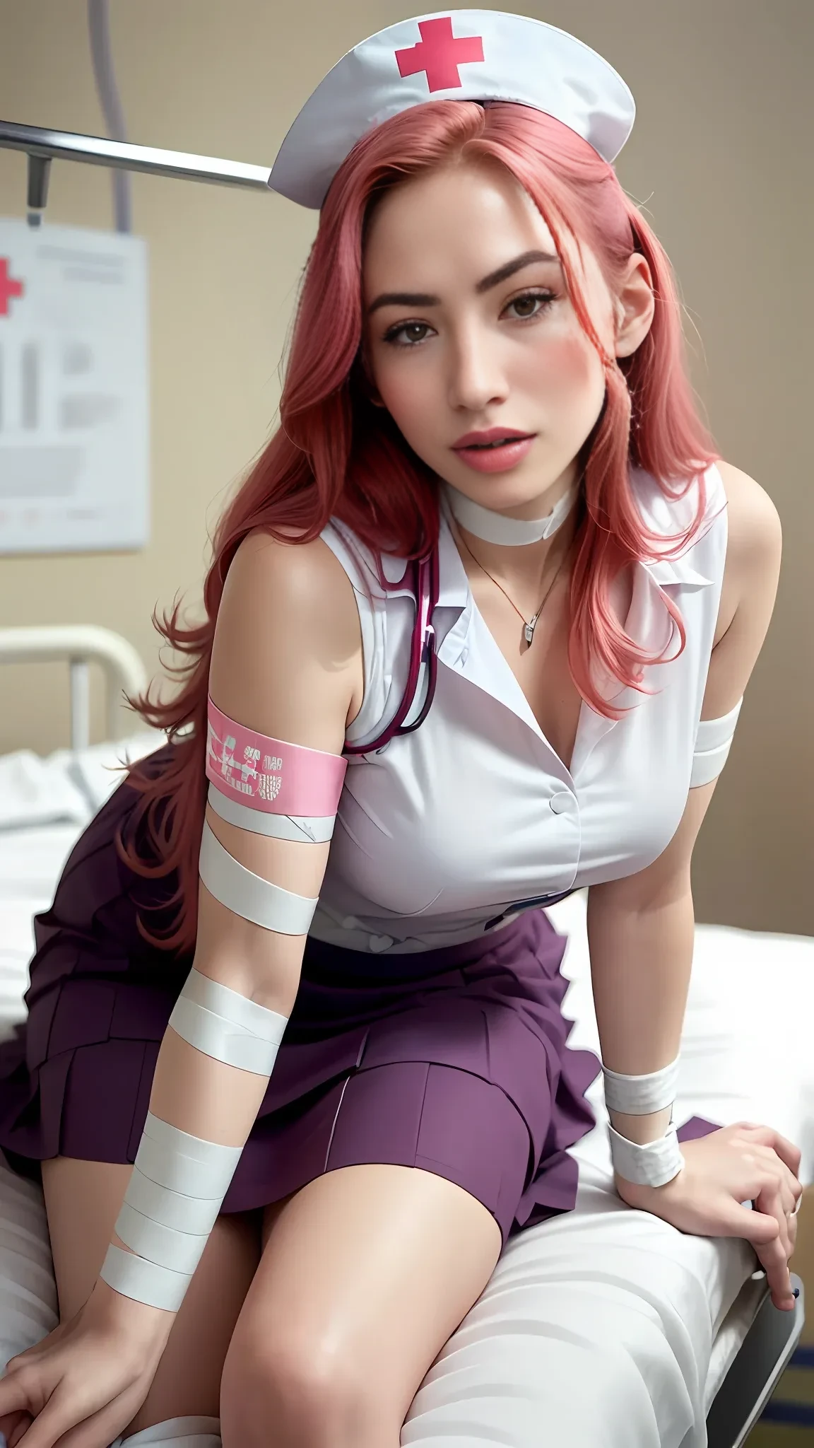 (close_up:1.6) low_angle (low_angle_shot:1.7), (long_skirt:1.3),(flirty:1.4) (tongue_out:1.3) infirmary (nurse_girl:1.5),  (red_cross:1.3)  (long_hair:1.5) (pink_hair:1.4) (flat_bang:1.2) . (syringe:1.5)  (blushed_cheeks:1.3) hint at her (shy:1.2) nature. (bandaged_hands:1.5) is fully (wrapped:1.3) in a clean white bandage. (treating:1.5) on a young (students:1.5) wearing a school uniform, lying on a white (hospital_bed:1.5), with (gentle_care:1.5). Hyper realistic, best quality, masterpiece, ultra high res, (photorealistic:2.0), raw photo, sharp focus, HDR, detailed skin.