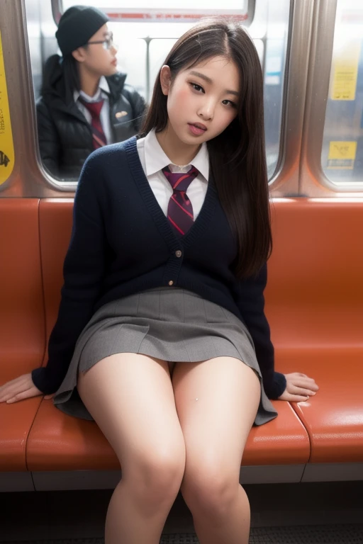 score_9, score_8_up, score_7_up, uncensored, realistic, in train, tokyo, from below,
1girl, cute, japanese, black hair, long hair, bangs, half closed eyes, open mouth, tongue out, huge breasts, 
school_uniform, sailor_uniform, dark blue skirt, lifted skirt, black panties,
sitting seat, spread legs, 