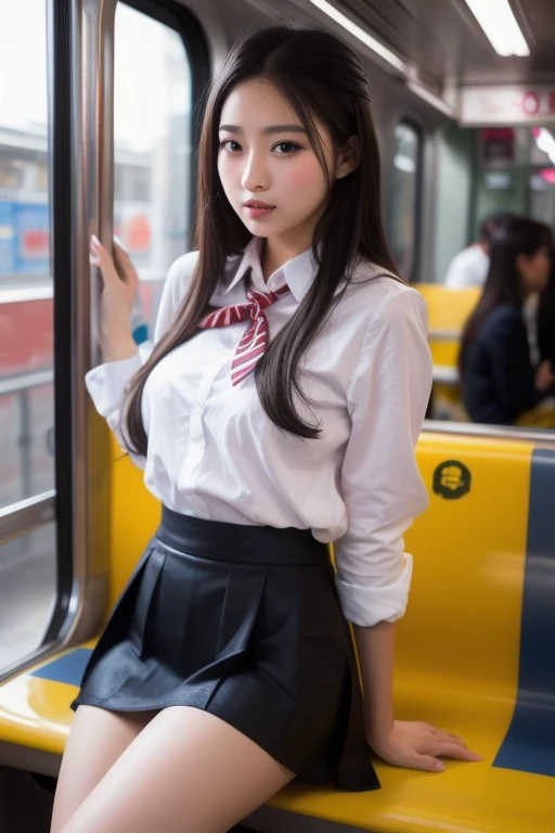 (8K), (Highest quality: 1.2), (Realistic), (Realistic: 1.37), Ultra-high resolution, 1 Girl, cute, Serious face, Mouth closed, Beautiful details, Beautiful Nose, Beautiful Hair, ponytail,Two giant cells, pork, Thighs,Self Snap,university student ,Sitting on a train in Tokyo,A simple blazer,Pleated skirt,(The skirt and tie are tartan checked.....:1.3),Cross One'foot, From above,(Thighsにクローズアップ),(光沢のあるThighs),(Opaque blue knee-high socks:1.2)