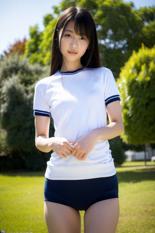 (highest quality:1.5)、(Realistic:1.5)、(1 person:1.5)、Very detailed、High resolution、8k、Medium breasts、Natural color lips、Cute Smile、Japanese women、20-year-old girl、Beautiful and elegant face、Perfect and beautiful face、Balanced big eyes、Brunette's eyes、Beautiful and elegant face、Natural double eyelids、Natural Bangs、Beautiful thin nose、Beautiful Skin、Medium Bob Hair、Natural Bangs、Perfect and beautiful face、Slim face and figure、Summer blue sky、Mountain Grass Park、Look at the viewers、Knee-high socks、Beautiful belly button、Open the navel、Wearing clothes that expose the navel、(Staring at the camera with a sweet smile)、Bright lighting、Professional Lighting、Forward lighting、Beautiful legs:1.2、Smooth Skin、Slim Body、Slim waistline、slim thin thighs、(Sit on the grass)、White clover is blooming、Cleavage、((Bloomers, 紺色のBloomers:1.5)), ((White school gymnastics T-shirt:1.5))