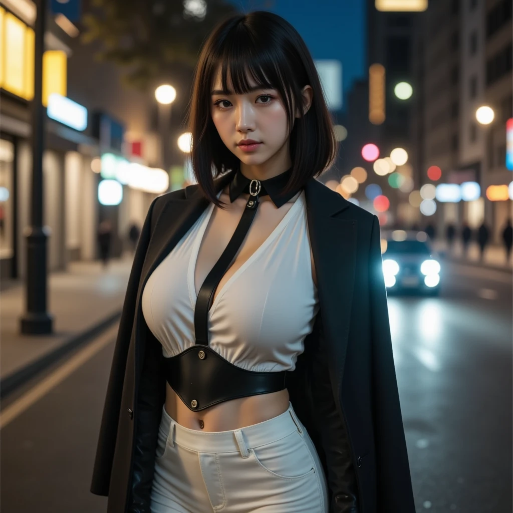 a woman covered in intricate white cybernetics, blue led lights, battle suit, cleavage, high tech, ultra high def, 32k, (Bikini Cyborg robot parts), (detailed:1.4), cyberpunk city background, rainy street, beautiful face, golden long hair, professional lighting, masterpiece, very delicate and beautiful, professional photograph