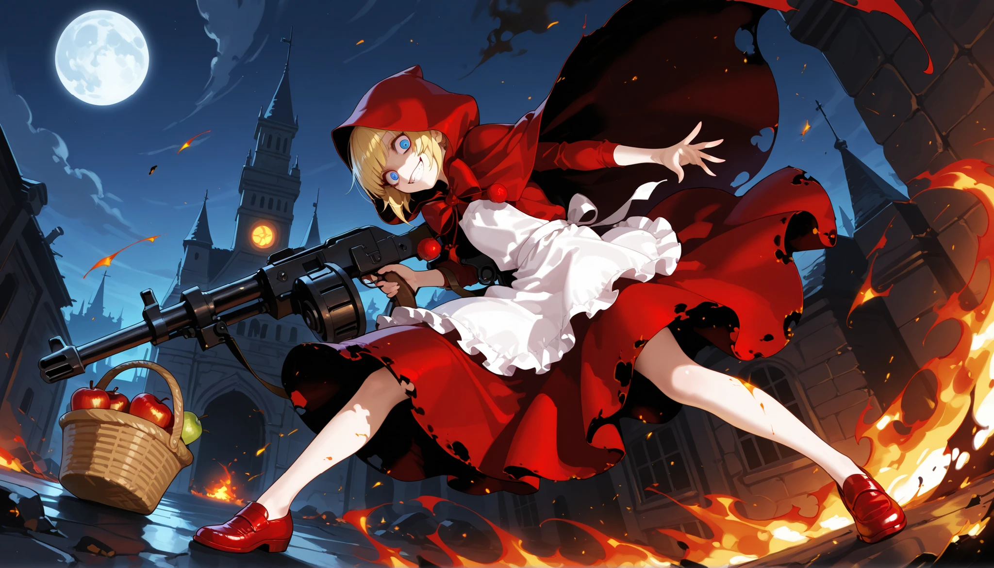 masterpiece, 1girl, best quality, amazing quality, very aesthetic, basket, apples, fruits, absurdres, red dress, exposed legs, blue eyes, B.B Hood, blonde hair, white apron, bangs, 1girl, red hooded cloak, red shoes, crazy eyes. crazy smile, moon, dark castle, machine-gun, gun-fire, dynamic angle, spark, fire, sliding, devils, dancing, ((burnt city back ground)), full body shot, face close up, looking viewer
