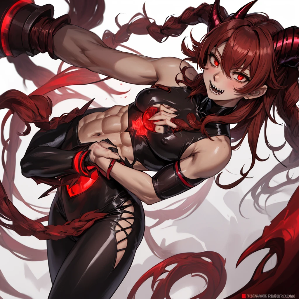 women, red head, night, (sly smile), (lip bite), dark alley, small breasts, fangs, glowing red eyes, ((red liquid)), pigtails, demonic body suit, ((visible ribcage)), crawling from shadows, clawed gauntlet reaching out,