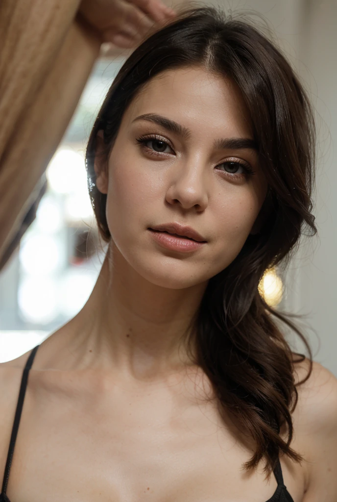 draw a 32 year old married woman, she has an 8 year old son. She is very happy in her marriage and has a sweetness in her eyes. In the photo she must have light makeup and a very elegant outfit, black hair, brown eyes and a friendly face.