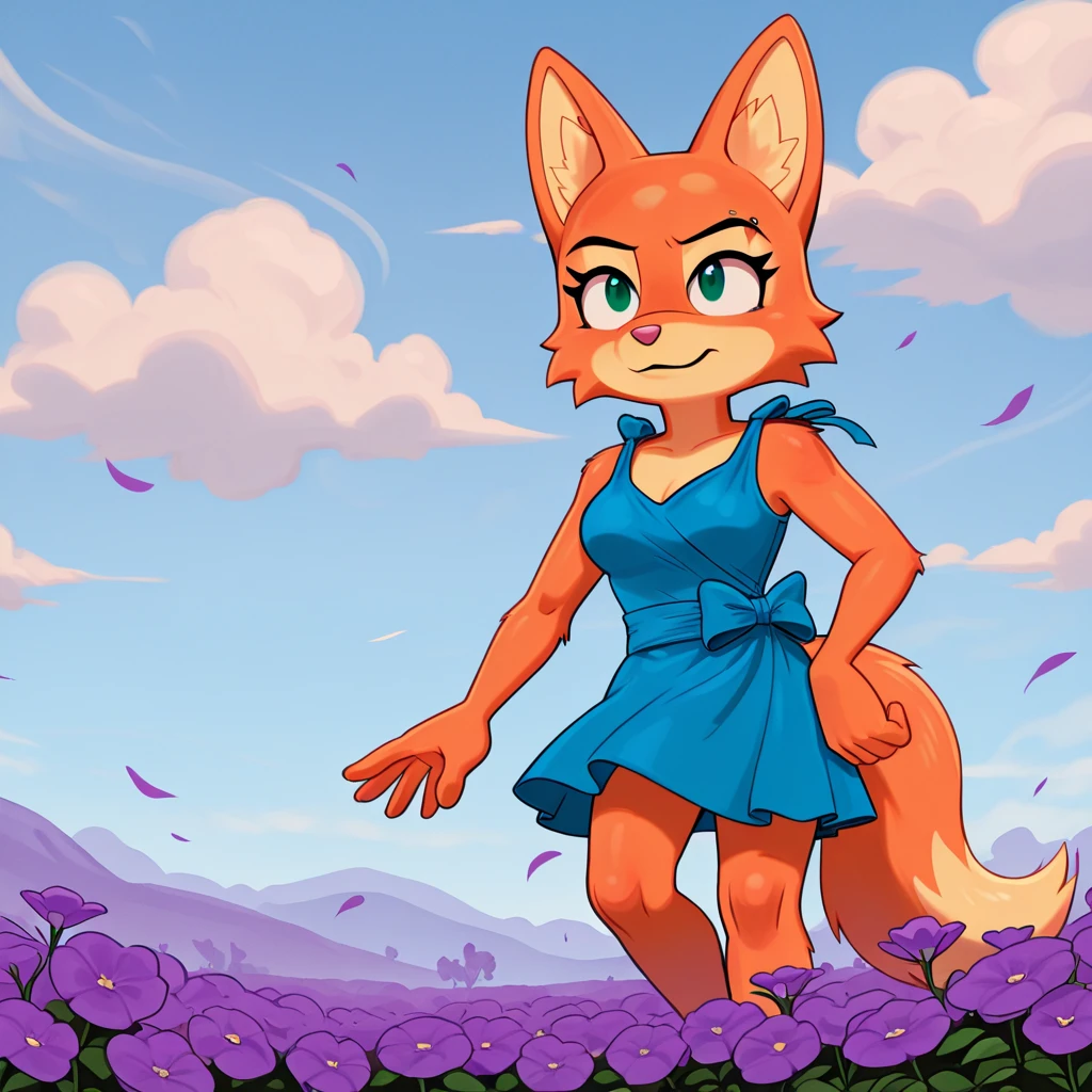 (best quality, masterpiece:1), furry female anthro audie wolf girl, solo, standing, flower dress, dancing, panties, wolf tail, medium breasts, smile, open mouth, looking at viewer, (tall grass meadow background:1.0), blue sky