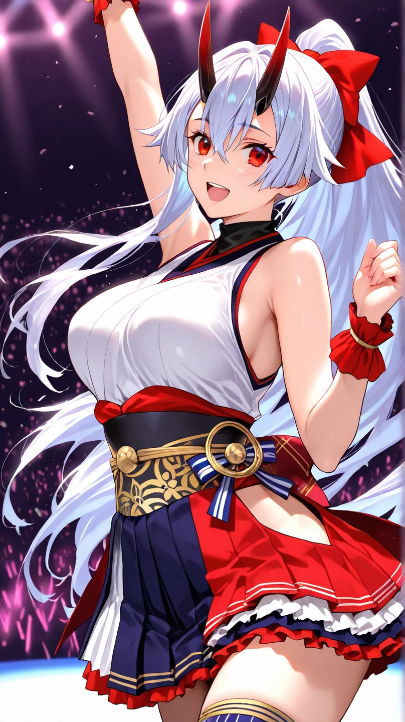 (Masterpiece), (Top Quality Anime Illustration), (Super Definition), (Super Detail), One Girl, Solo, Beautiful Girl with Silver Hair, Anime Loli, Cat Ear Loli, Red and White Priestess Costume, Red and White Hakama, Lori Priestess, Smile, Small , Cleavage Emphasis, Underboob, Thighs