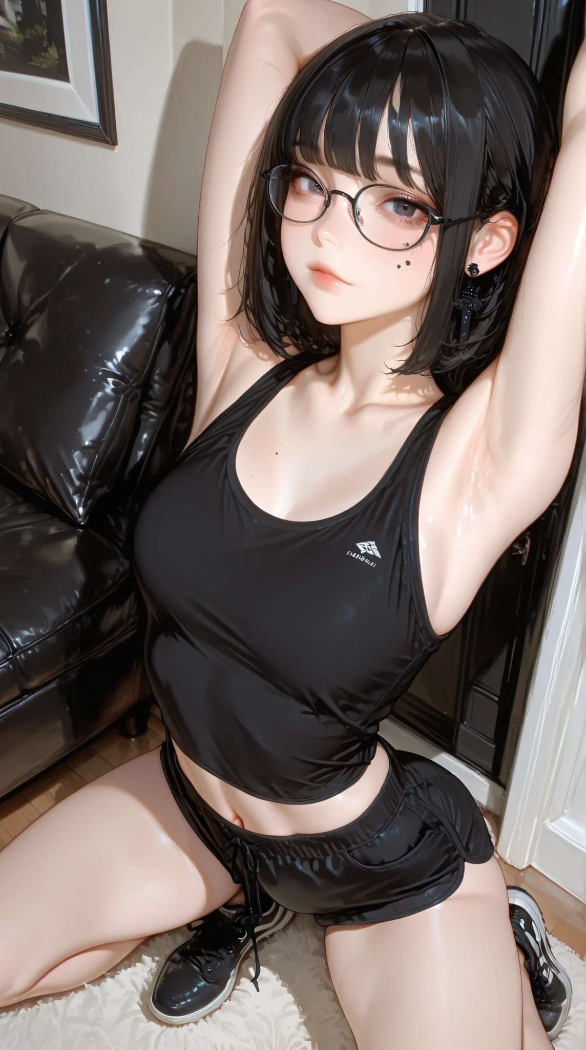 (brunette tea girl with glasses,short black hair, showing her wet brunette vagina,