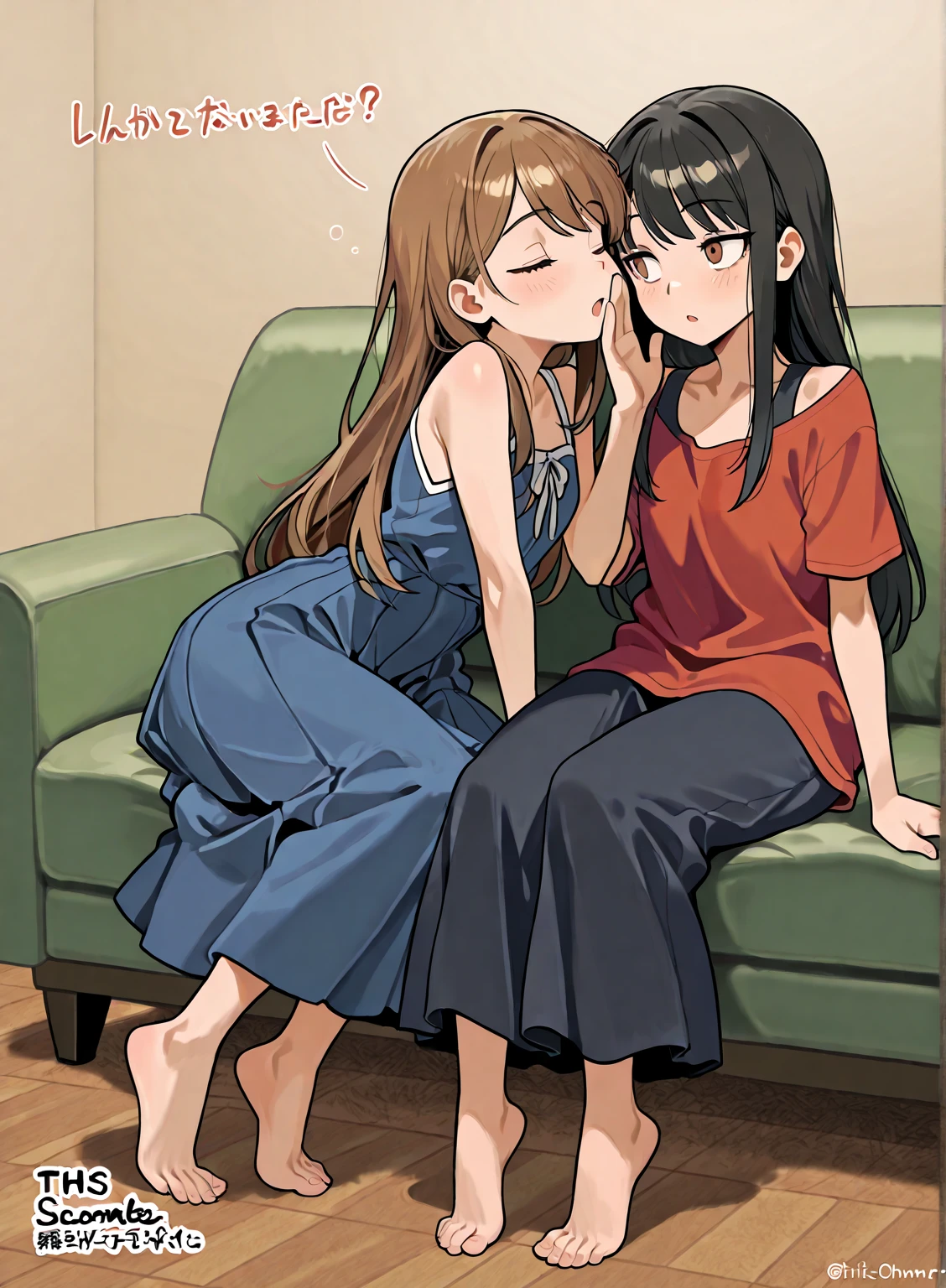 (​masterpiece、top-quality、hight resolution、Unity 8k Wallpaper、extremely details CG:1), The film describes a scene in which two women are beginning a lesbian sexual act together on a bed in a private room. The young woman, nervous for the first time, is being coached by an experienced lesbian senior. The senior gently touches the young woman's body and gently teaches her lesbianism. The intimate setting, in which they only see each other, accentuates their loving relationship and expresses the young woman's desire for the unknown and pleasure from her senior. 