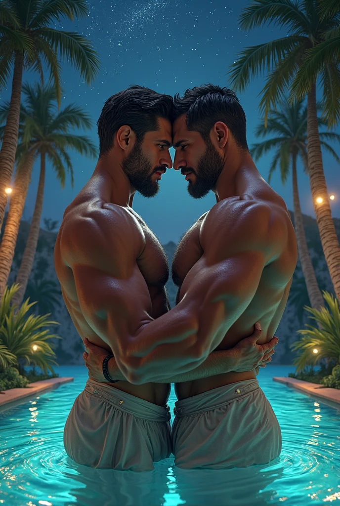 Two naked Asian men, naked , no clothes , Koran idols , kiss and hug from behind ,muscular well built bodies, at the swimming pool, big bulges , soaking wet body.