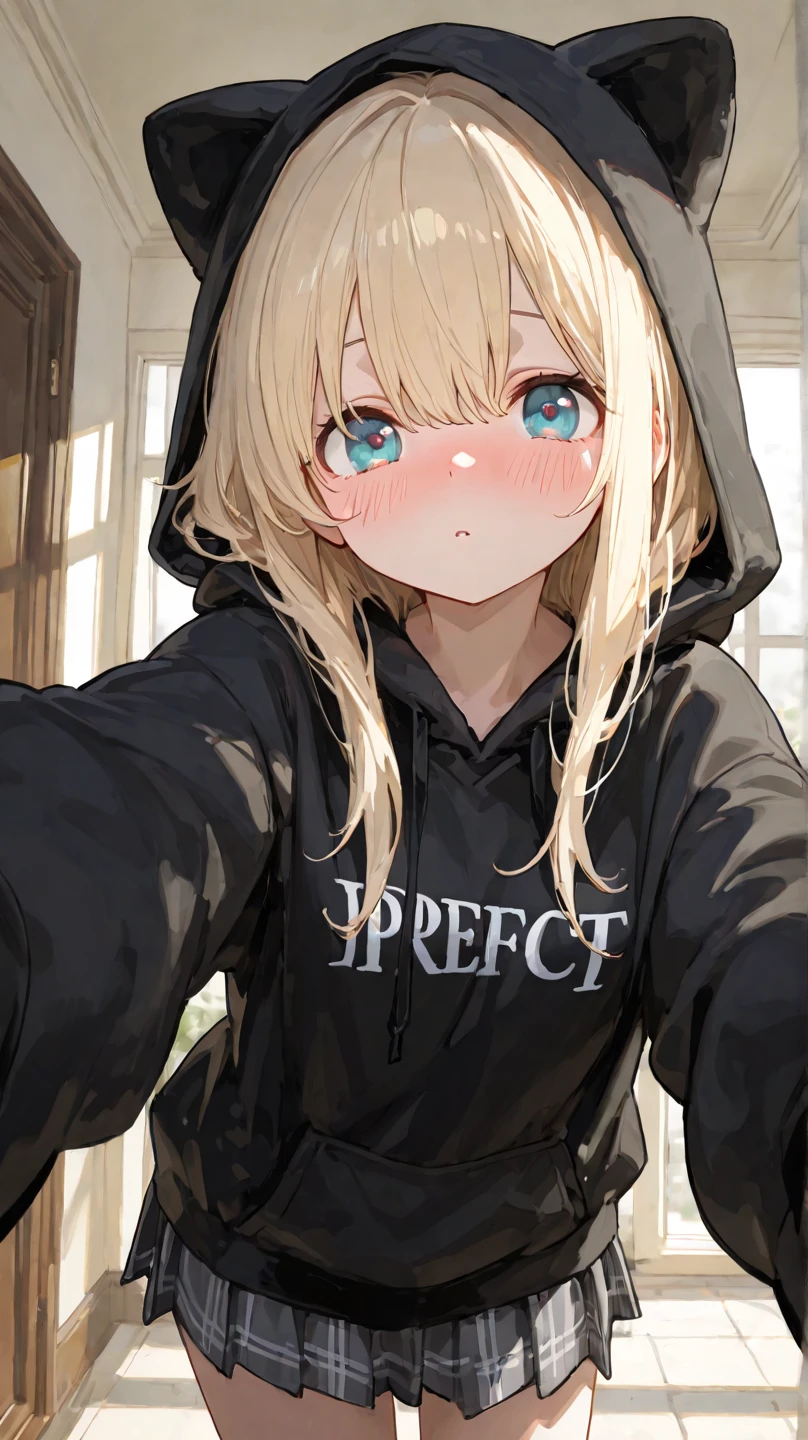 Browsing Caution,(Petite),((Cute man's daughter)),((Groin bulge)),Blonde woman with low pigtails,lips,Sweat,White Breath,hoodie,The gaze of the viewer,A begging expression,He sits and shows off his erect penis to the audience.