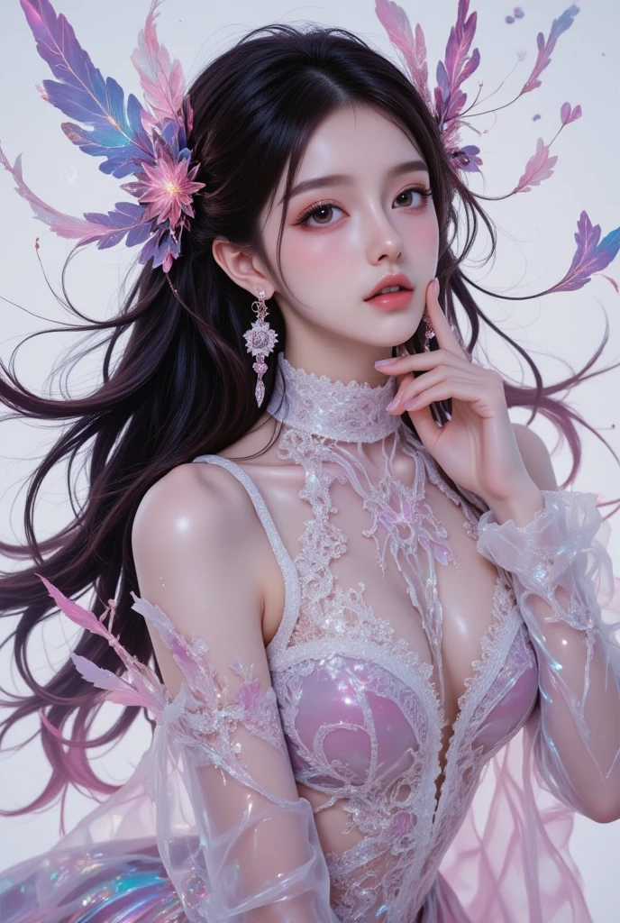 ((The highest image quality, 8k, tmasterpiece:1.3)), 1girll, casual hairstyle, （off shoulder blouse，Short pleated skirt：1.3）,（See-through clothing：1.4），Ultra-fine face, A detailed eye, double eyelid，sit on sofa， (big breasts)，Woman in her 30s，(Colorful watercolor background)，(Fractal Patterns)，(colorful refraction),(((spread legswide)))，((Raise your legs))