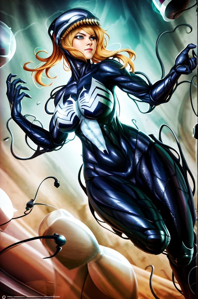 Make it for me, A woman with short blonde hair, with the body of a black Symbiote, a female version of Venom, with a wet body and tentacles like Venom, with a huge, drooling tongue