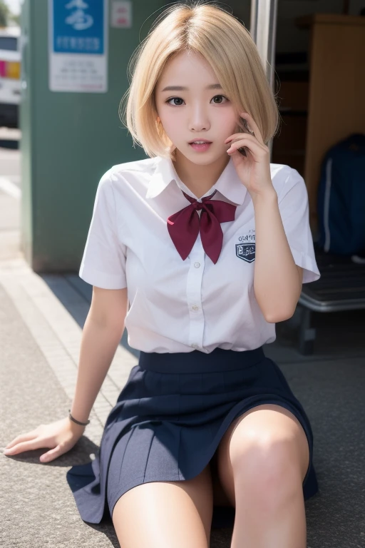 (8k、RAW Photos、Highest quality、masterpiece:1.2),(Spread your legs a little,Spread your legs a little:1.3),(Very short blonde bob cut:1.3),Looking away,Facing in a different direction、Front view,??????,White skin,(White panties),masterpiece,Highest quality、Ultra-high resolution,One person, One personで,whole body,high school girl,Japanese women、(Realistic:1.37)、Photon Mapping,Realistic、(Cute Face、Round face: 1.4)、Baby Face、Attractive face、Blushing、(Red tie)、Radio City、Physically Based Rendering、prospect、Written boundary depth、Blurred Background,Beautiful legs, Nose Soft,(Light blue shirt), (navy, Short sleeve、Blue and white checked pleated skirt), I can see your knees,(Thigh close-up:1.3),Nogizaka Idol, , Japanese Ido、Small, flat chest、whole body写真、Super Definition、Sit on the steps and spread your legs slightly apart、White loose socks、Brown leather shoes、Outdoor stairs、Blonde bangs、Pussy streaks on panties、Long eyelashes