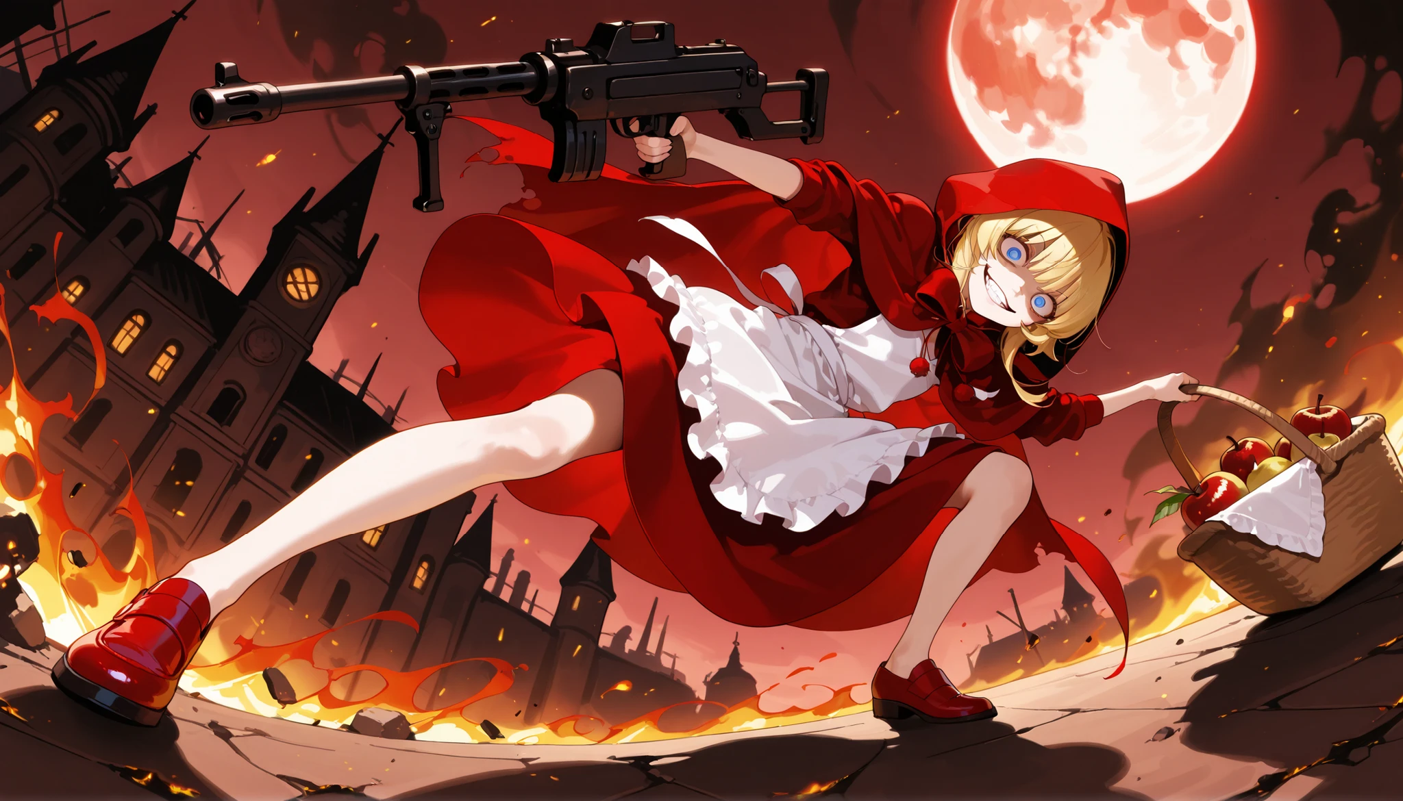 masterpiece, 1girl, best quality, amazing quality, very aesthetic, basket, apples, fruits, absurdres, red dress, exposed legs, blue eyes, B.B Hood, blonde hair, white apron, bangs, 1girl, red hooded cloak, red shoes, crazy eyes. crazy smile, moon, dark castle, machine-gun, gun-fire, dynamic angle, spark, fire, sliding, devils, dancing, ((burnt city back ground)), full body shot, face close up