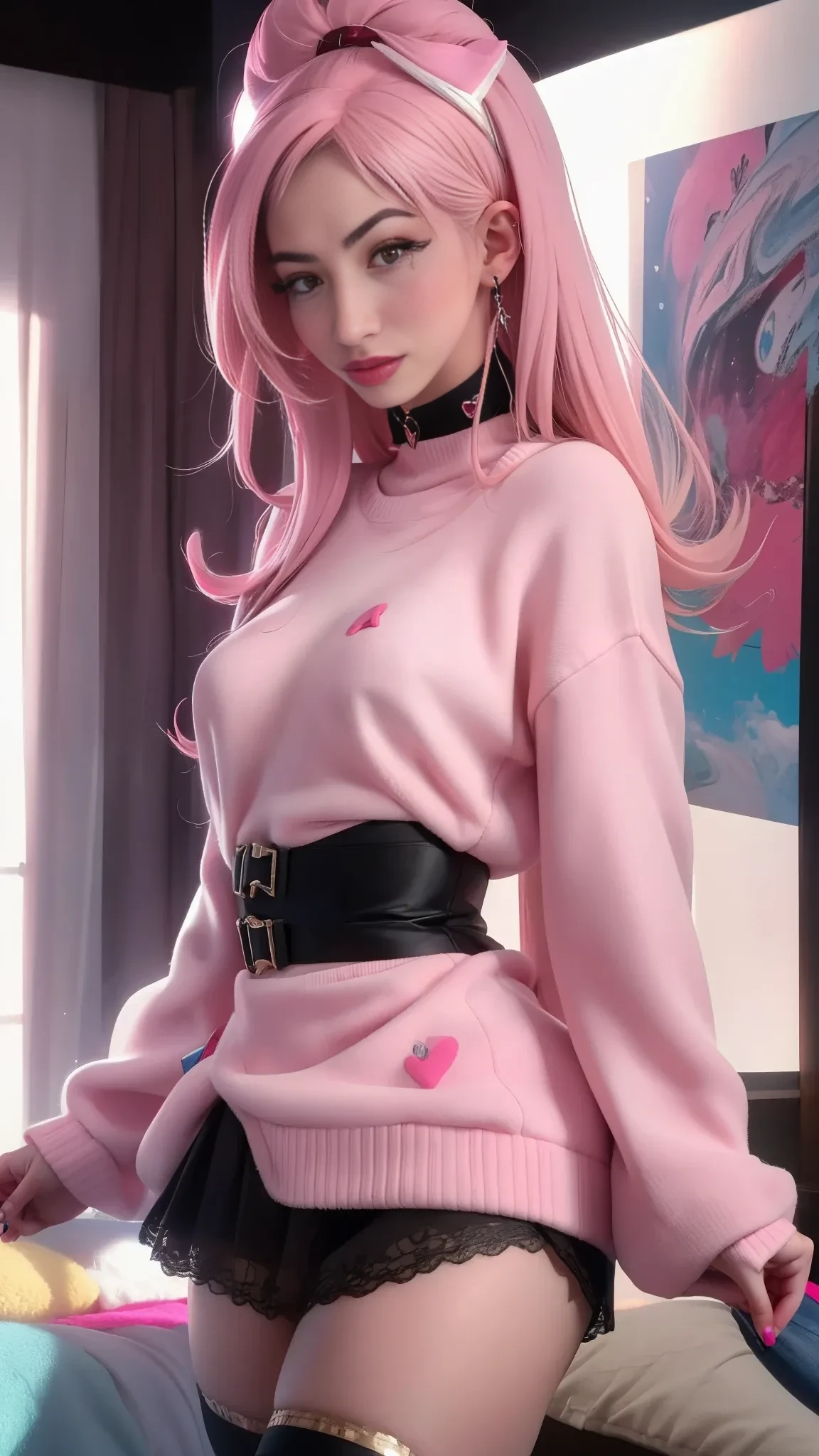 (8k、RAW Photos、Photorealsitic:1.25)、(lipgloss、eye lashes、Shiny face、shinny skin、best qualtiy、超A high resolution、depth of fields、chromatic abberation、Caustics、Wide range of lighting、Natural shading、Kpop Idle) The viewer looks calm and goddess-like with a sense of happiness、(1 Beautiful Girl、adult-like、18year old、college aged、A pink-haired、Slimed)、(((Longhaire、Center parting bangs、Bangs long)))、(cool expression、Lunette de soleil)、((Fashionable、White turtleneck sweater、long-sleeve、Black Laser Mini Skirt))、((((full bodyesbian)))