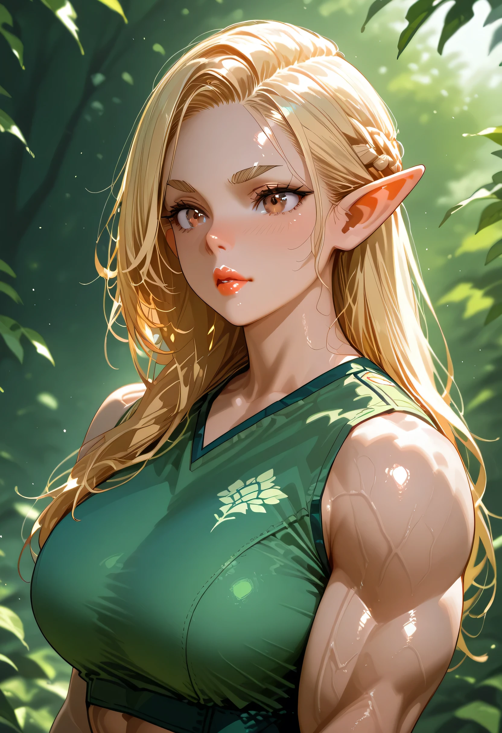 (Perfect face) (Long Hairstyle, Bright Blonde Hairstyle) (Black Thin Eyebrows, Glowing Brown Eyes, Nose, Bright Red Normal Lips) (Beautiful Female) (Female Elf, Green Uniform Top) (Female Muscles, Perfect Body, Beauty Female)