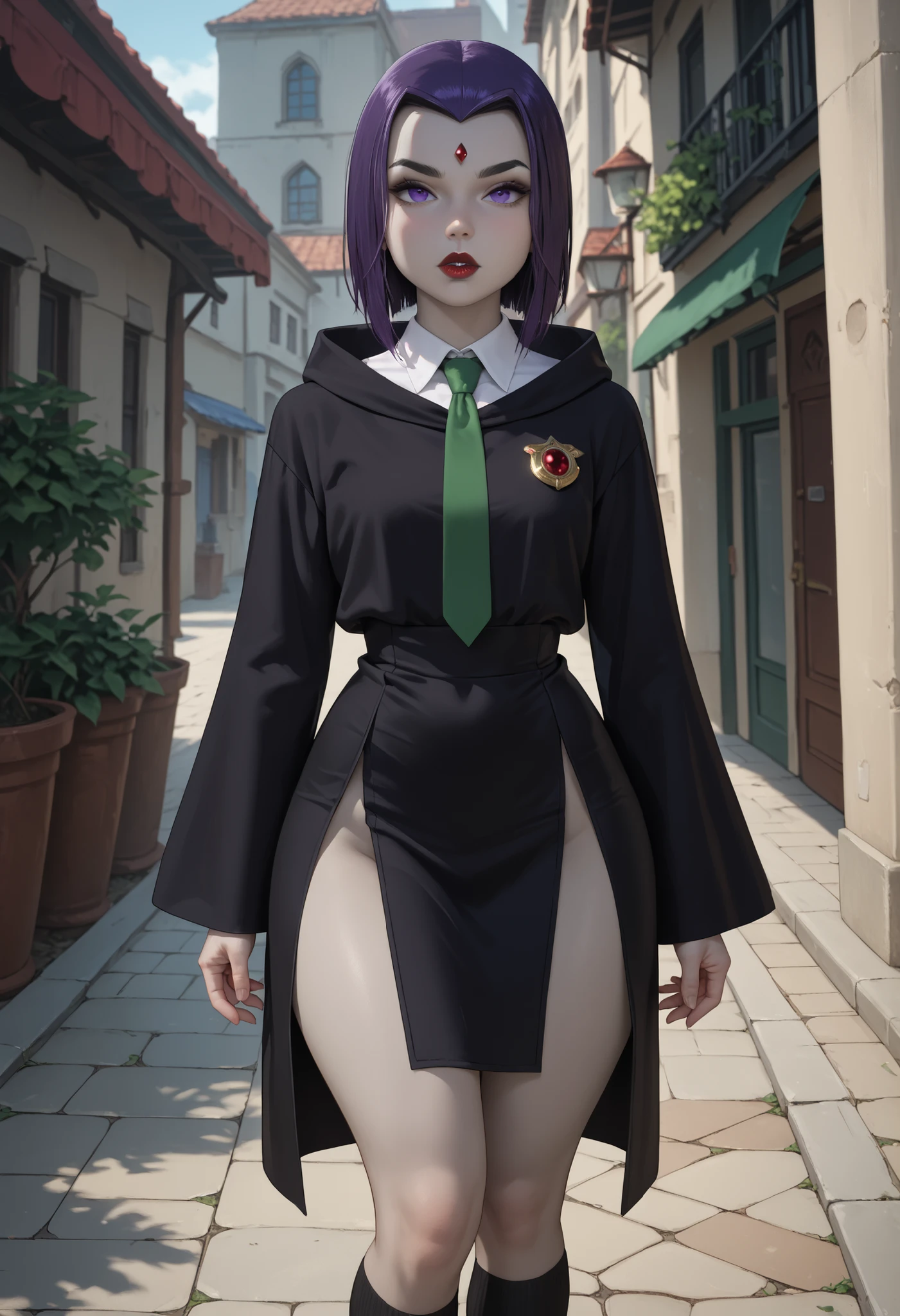 rachel roth, colored skin, grey skin, purple hair, medium hair, forehead jewel, purple eyes, small breast, huge hips, dark red lips.| score_9, score_8_up,score_7_up, source_anime, 1girl, solo,black robe, hood down, wide sleeves, green necktie, diagonal-striped necktie, white shirt, collared shirt, badge, black skirt, black legwear, kneehighs, standing, outdoors