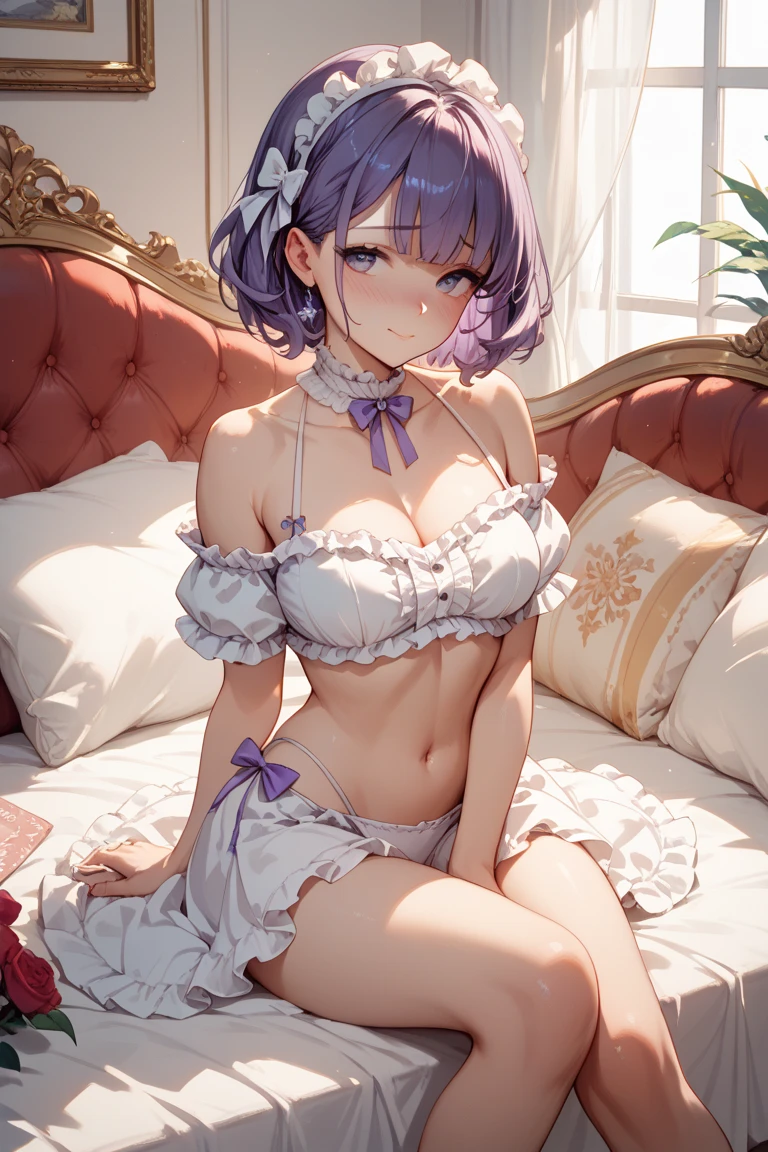 ((32k)), ((best quality)), ((ultra high res)), ((HDR)), ((UHD)), ((extremely detailed CG)), ((unity 32k wallpaper)), (((18 years old))), 1 girl, closed mouth, standing, purple eyes, swimsuit, bikini, thighs, cowboy shot, frills, indoors, hand up, stomach, white thighhighs, hand on hip, wrist cuffs, maid, maid headdress, bare arms, skindentation, detached collar, side-tie bikini bottom, white bikini, single thighhigh, string bikini, frilled bikini, bridal garter, maid bikini, smile, large breasts, (sit on the bed), (your legs wide spread),