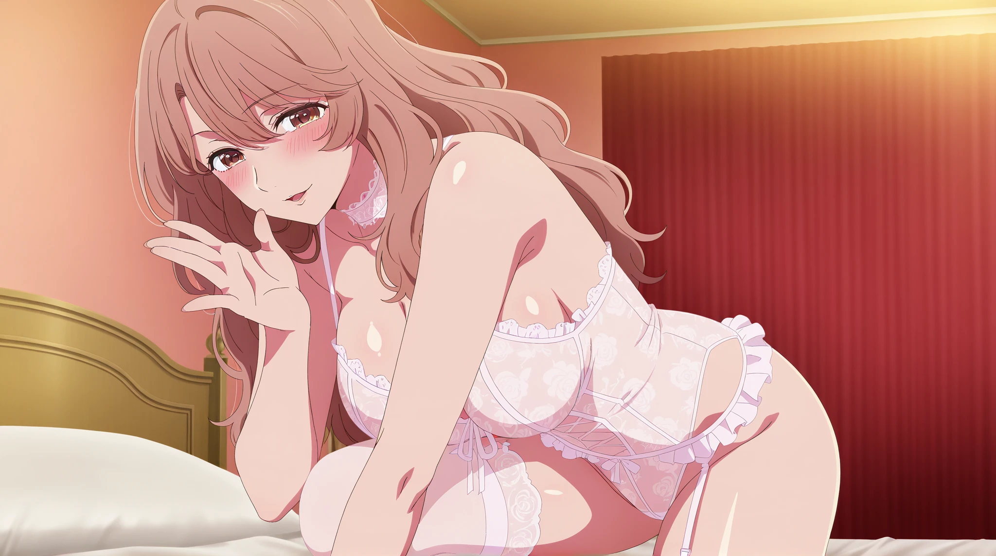 Maki Nishikino　Red hair　Purple eyes　Medium Long Bob　Red Nightgown　Black garter belt　smile　Huge breasts　night　Love Hotel　Moonlight leaking through the window　Seduce　Lying in bed　Lie down on the bed　Sweaty