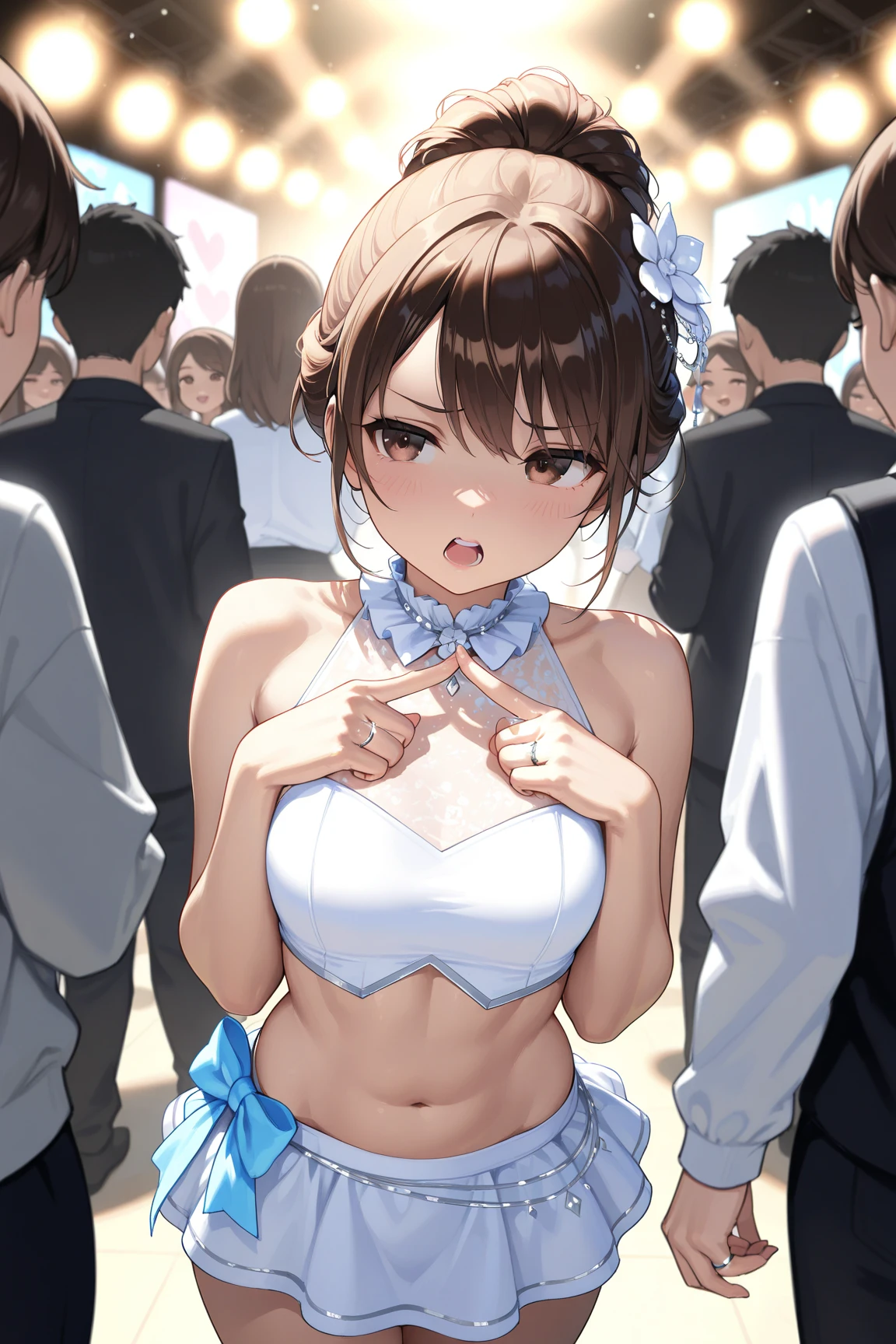(bedroom: 1.2), table, desk, (giantess:1.3), small breasts, smug, cleavage, >:D, tall, (presenting armpit), armpit, sweaty, misty, woman, a city of people on a platform below the breasts of a giantess, a city of people on a platform in front of the breasts of a giantess, (crowds:1.4), (multiple_girls:1.5), (1girl:1.5), (rear end: 1.3)