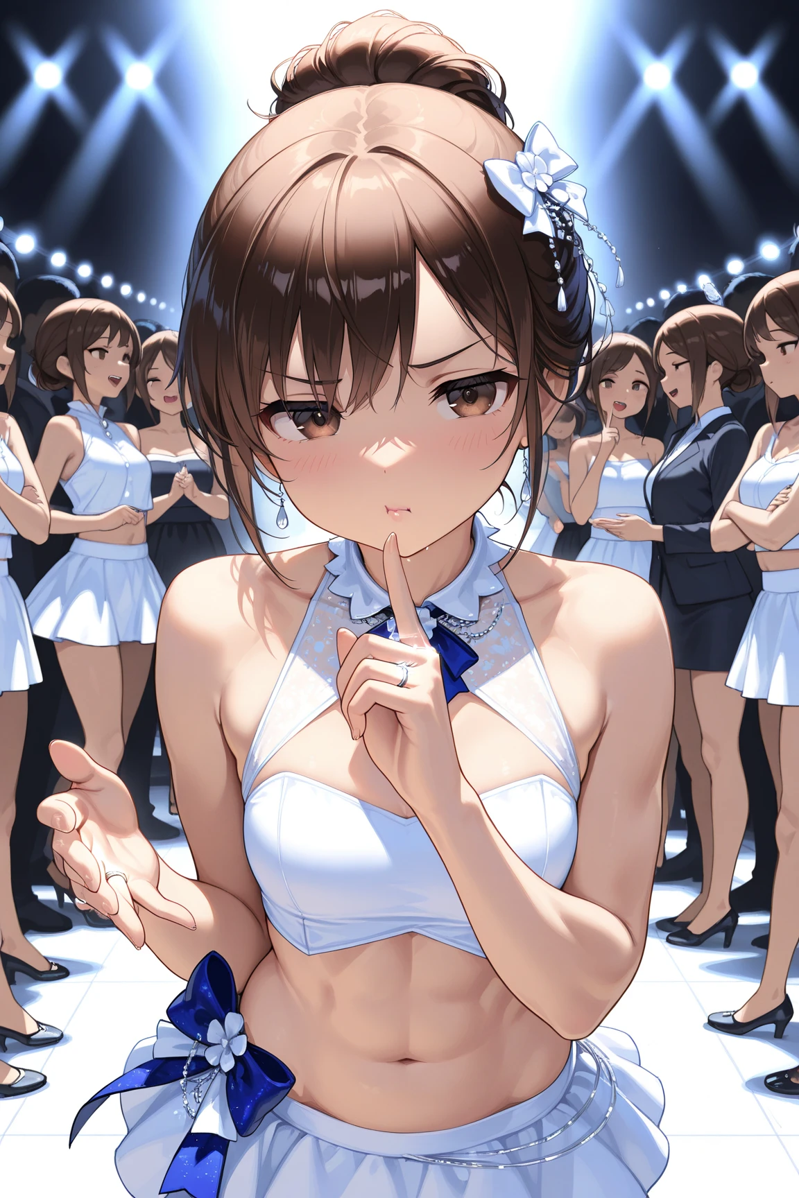 Browsing Caution,((Perfect Anatomy,Realistic,:1.3,Raw photo:1.3,masterpiece、Highest quality、Ultra - High resolution、High resolution、Extremely detailed CG、8K)),Cowboy Shot,1 female,alone,20 year old beauty,((Beautiful and exquisite face and eyes,Big beautiful eyes),Dark brown eyes,Are crying,Open your mouth,Drooling,((Brown Hair,Long Hair,amount,Center parted hair:1.2、Straight hair)),(Medium chest,Slender body,Small Head:1.3,skinny,Sunburn,Glowing Skin,Oily skin,Shiny skin,Sweat:1.7), break ,(((Cheerleader,blue Cheerleader uniform,Love Juice:1.3,Remote Vibrating Egg)),Are standing, break ,Audience seats、Arena、