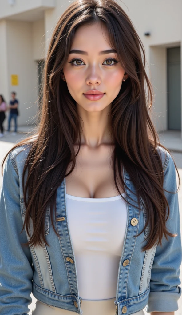 photography of 2 stunning girl, in the city, enjoying, girl, summer, hot girl, (((small bust))), brunette hair, have bangs, looks into the camera, symmetrical face, photorealistic, photography, spectacular lighting,, gorgeous, cleavage, western, (masterpice), best quality, high resolution, extremely detailed, skin with pores, blurred background, depth of field, cinematic lighting