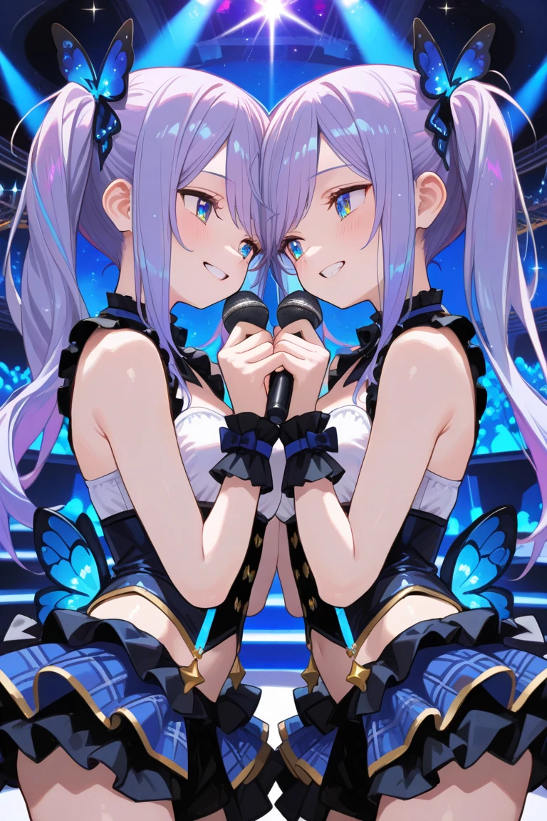 2 people、Mature、Ample breasts、Long Hair、Long eyelashes、White haired girl and purple haired girl、Idol Group、2 people組み、Diva、Open Mouth、sing、Back to Back、Live Stage、Black costume、Lace fabric、Shoulder Bare、Miniskirt、choker、Earrings、bracelet、Hold the microphone、Butterflies fluttering、Spotlight、Night view、Downtown、A seductive smile、Eyeshadow on the outer corner of the eye、smile、cool、High resolution、Highest quality