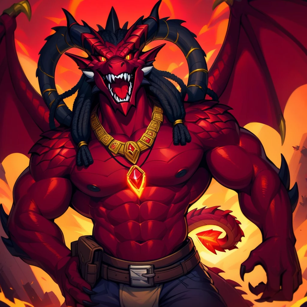 Ferocious Dragon、Red Scales、Huge body、Two pointed horns、Yellow glowing eyes、Bat Wings、Ancient City、front、Glaring