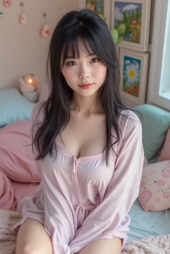 Wearing sexy pajamas, graceful figure, coquettish, study room, sofa, random enchanting movements, facing the camera, imaginative, first love