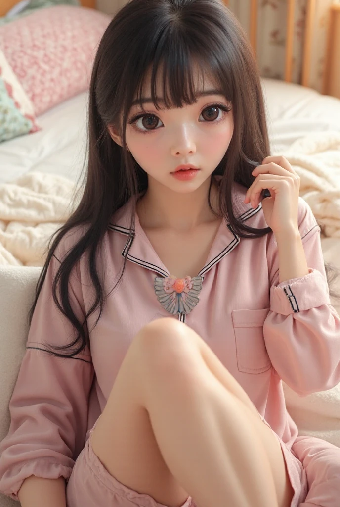 masterpiece、high quality、ピンクのWearing pajamasソファでポーズをとるかわいい女の子, Nightwear, Wearing pajamas, 白いWearing pajamas, Pink clothes, ゆったりしたWearing pajamasいる, (night:1.5, Dark Room:1.5, Dim lighting), Smooth, white, fluffy clothing、Cute face with arms and legochako, Brush Sticker, Big cleavage、(Japanese jirai kei girl:1.5, jirai kei makeup:1.3)、
