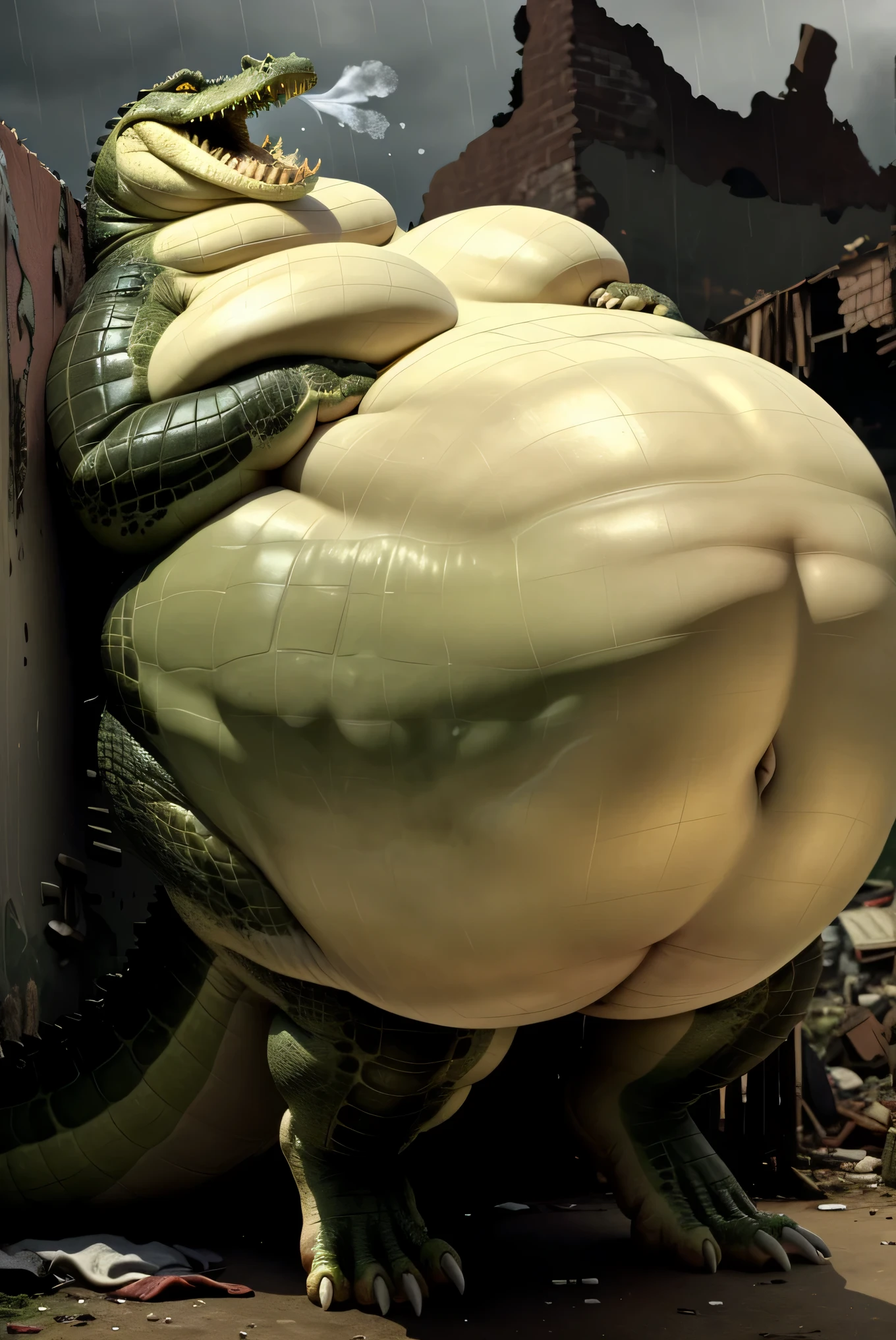 Dragon, green skin, obese, massive yellow belly, , dominant, low angle, toothy grin, dark environment,