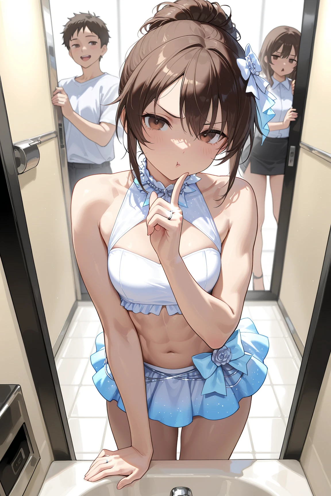 、(masterpiece、Highest quality)、Highest quality, Ultra-high resolution, (((masterpiece))), alone, Sweat、Big eyes, Composition from the front、Shortcuts、Embarrassed face、Bronze colored hair、Cut the back hair short、Bathroom、Shower scene、 Expose、Completely naked、pubic hair、belly button、Large areola、Nipples、short hair