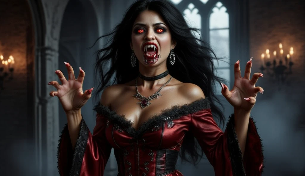 Intricate extremely detailed Female Vampire showing bloody Fangs, forming a Heart with her hands, long red fingernails, detailed photorealistic gothic underground Temple, 
halo light shine from 100 Candles,