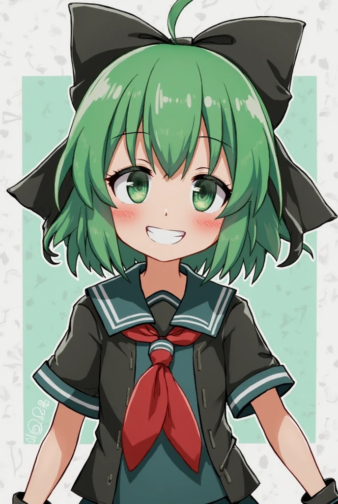 1girl, masterpiece, best quality, perfect hands, ppgzkor, short hair, spiked hair, black hair, blunt bangs, green eyes, smile, blush, cowboy shot, cyan jacket, cyan long pants, green sailor hat, dark green inner shirt