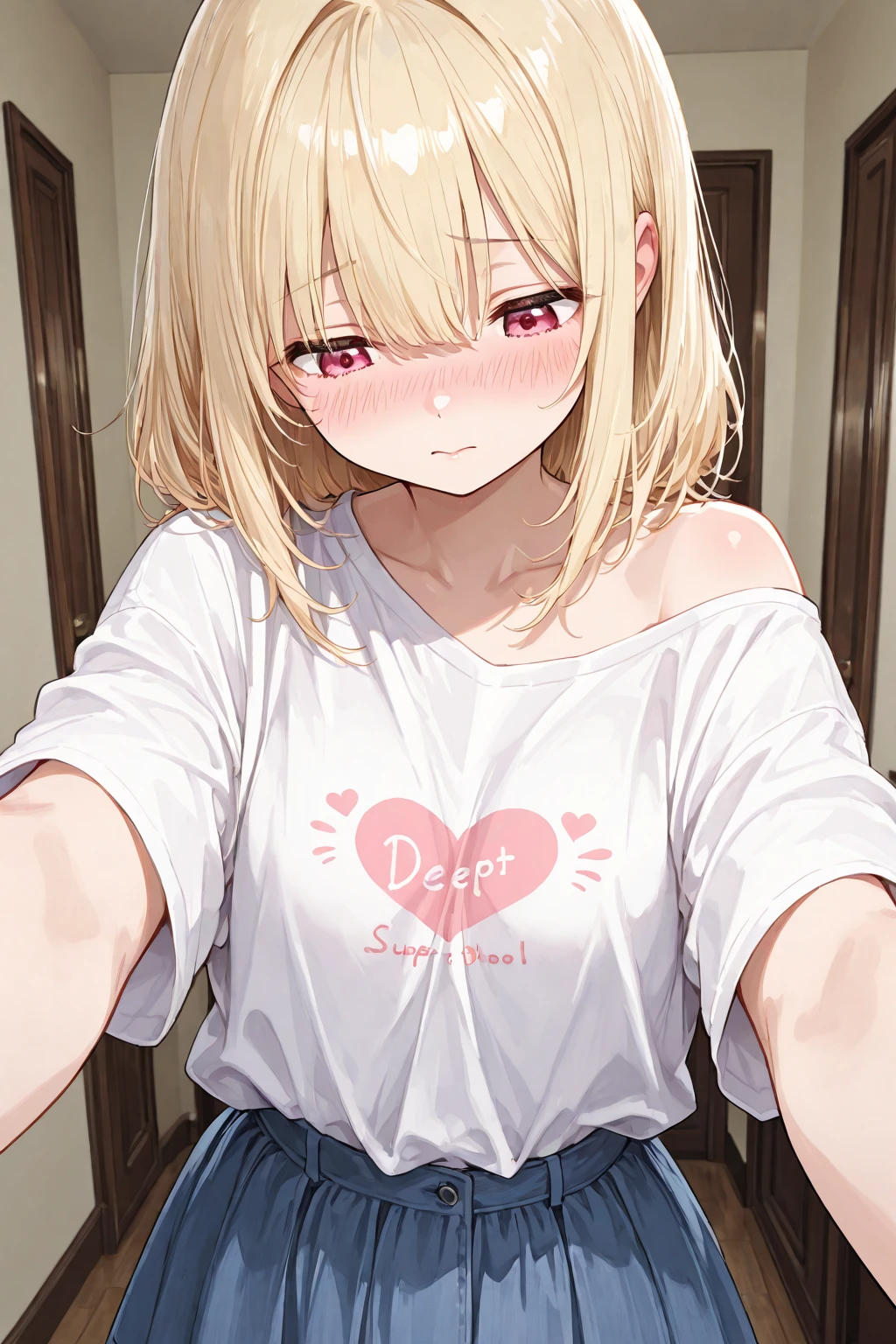 nsfw,(Petite),(boy),penis,blonde low twintails,lips,slouch,Sweat,White Breath,Viewers from the front,Standing posture,T-shirt with loose chest,