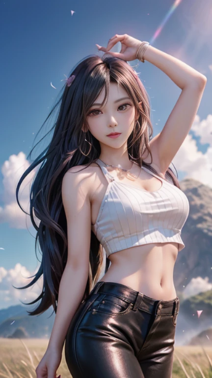 Chris Ofili, Yumiko Igarashi, Surreal, mysterious, strange, fantastical, fantasy, Sci-fi, Japanese anime, foldable universe, carried in the trunk, miniskirt beautiful girl space adventurer, perfect voluminous body, detailed masterpiece depth of field cinematic lighting