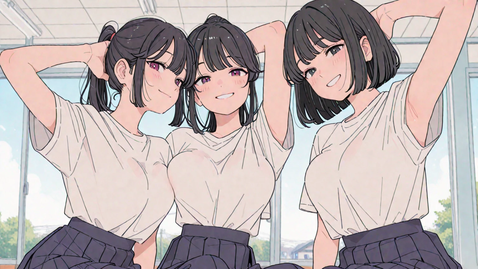 two sexy bubbly and cheerful women in office outfits, kneeling, short, bun tied black hair, happy opened mouths, portrait, close up faces, view from above