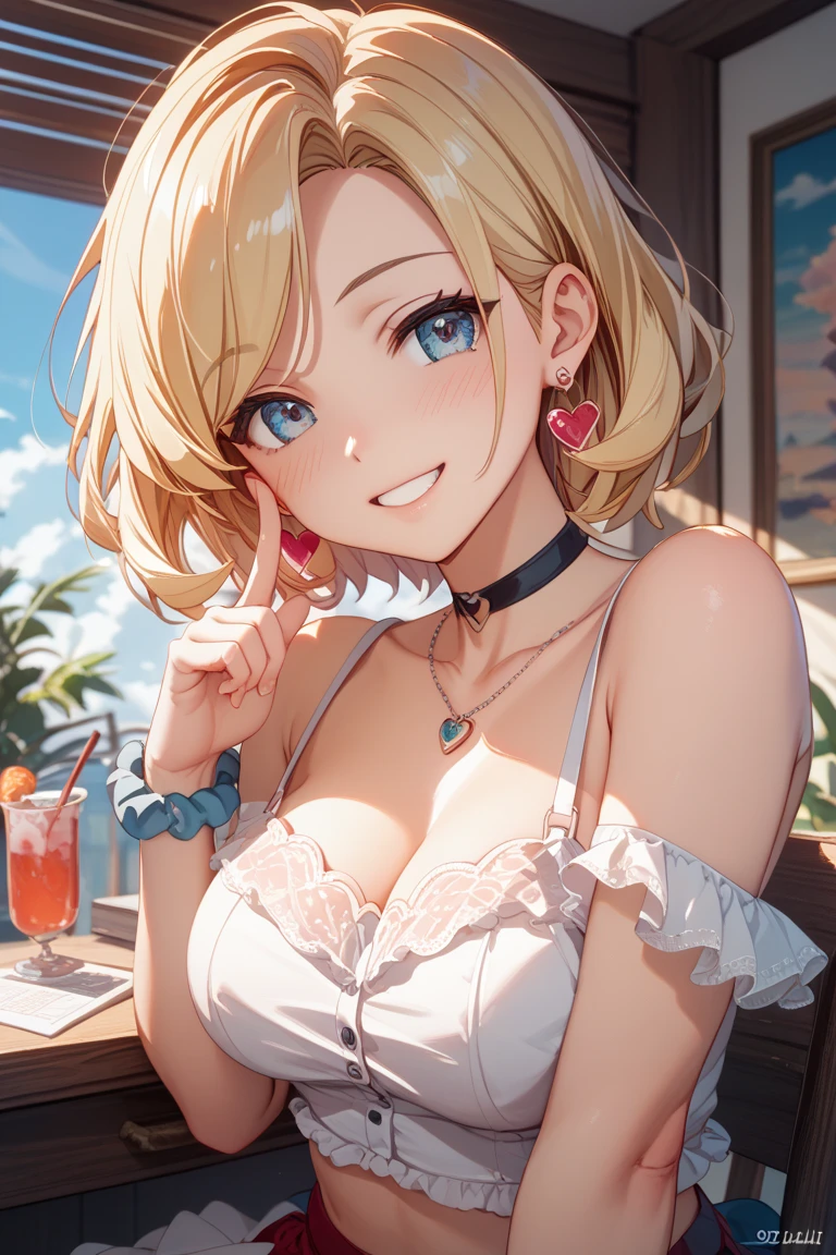 (best quality:1.5, highres, UHD, 4K, detailed lighting, shaders), blonde ponytail, necklace, large breasts, off shoulder frilly shirt, cleavage, smiling, close shot, pov, night background