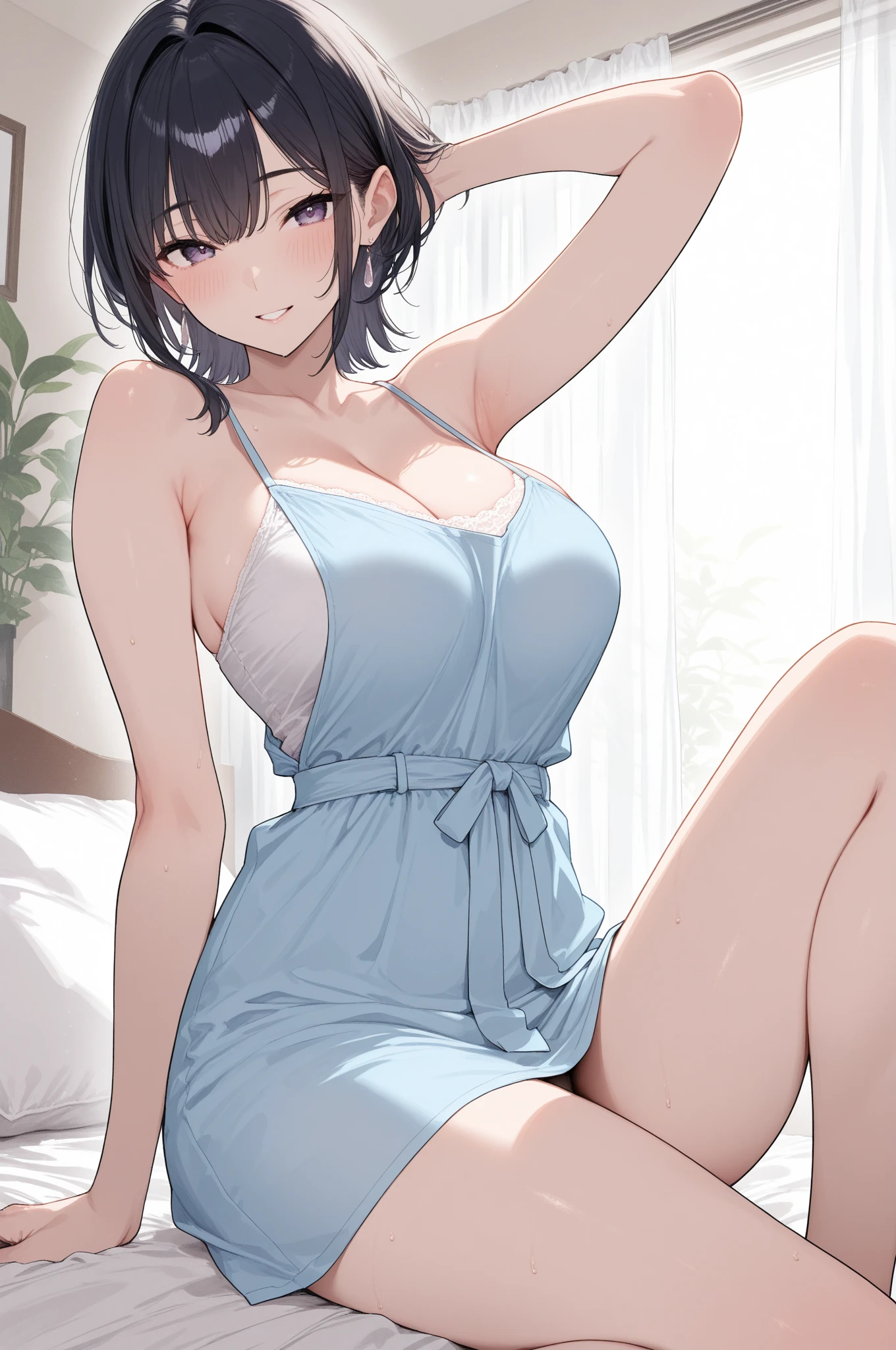 Top quality, (Masterpiece: 1.2), Very detailed, Own room, 1 girl, Solo, (muse), smile, watch the viewer, gray hair, circle of angels, short hair, hair ornament, green eyes, light in the eyes, white underwear, in the middle of dressing, realistic, from the knees up, glowing skin, fair skin, (medium breasts) ultra-realistic, realistic, photorealistic, portrait, blur,