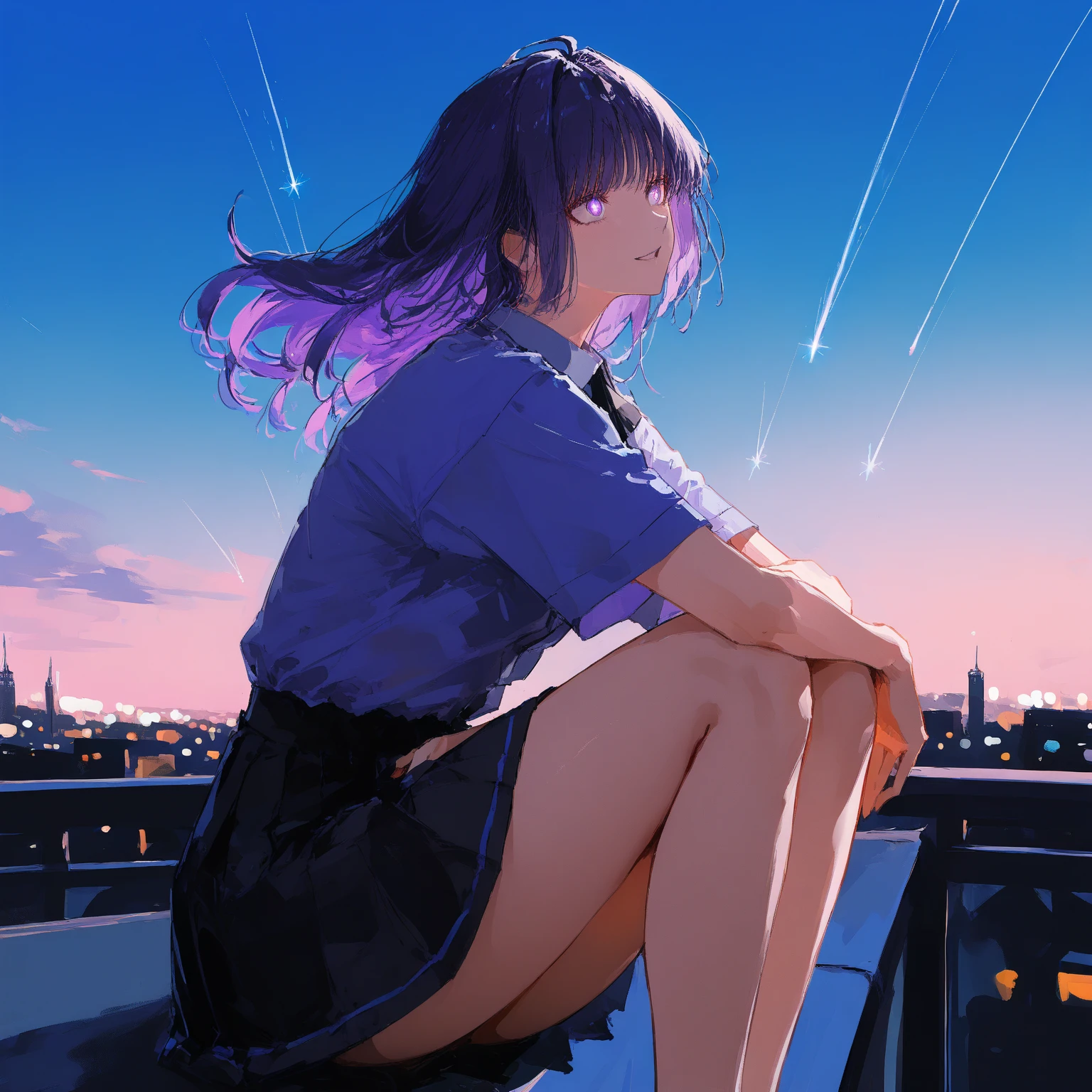 1girl, Long purple hair, Modern hoodie, Miniskirt, Converse shoes, Modern city, Skyscape roof edge, noon, sun, blue sky, clouds, (taken from behind)), low angle, volumetric lights, 8K, best quality, sharp, detail, moon and sun, crystal clear night sky