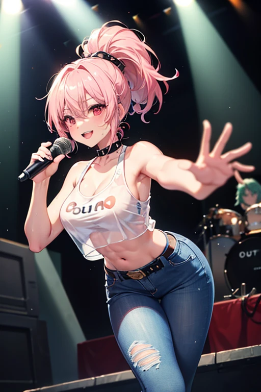 {{{masterpiece}}}, {{{best quality}}}, {{ultra-detailed}}, {illustration}, {{an extremely delicate and beautiful}}, (Best quality, 8k, 32k, Masterpiece, UHD:1.2),Photo of Pretty Japanese idol girl, top quality, best quality, realistic, unity, 8k wallpaper, official art, extremely detailed  wallpaper,(3girls:1.5),((with lots of decorations) pink dress idol costume:1.2), (sweaty skin:1.3),15yo,Child,(big smile:1.3),(take the spotlight:1.1),(stand microphone:1.5),(sing:1.5),(very short bob hair:1.3), (colorful hair:1.3),earrings,looking at viewer,(high detailed skin),realistic body,(small breasts:1.4),cute girl, famous japanese idol,(standing),(low view),(lift skirt:1.1),(show off panties:1.2),(open panties:1.2),(colorful race panties:1.3),(panties juice:1.4),(looking at viewer:1.1),(idle stage :1.5)