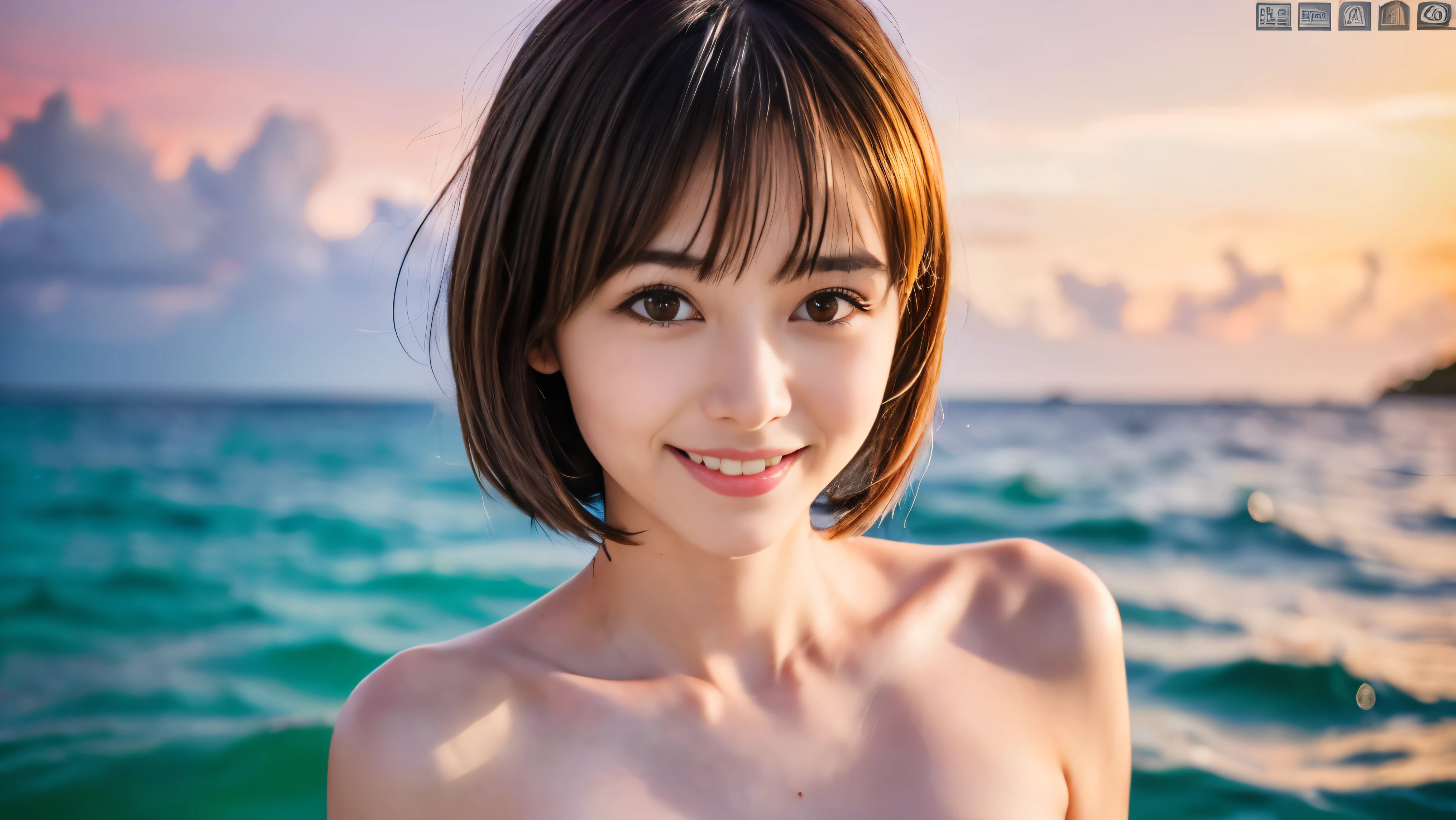 8K, (hyper reality: 1.35), (realistic: 1.4),naked!, smile, alone. light makeup, masterpiece, 最high quality, high quality, alone, No panties, No bra, Latin, puberty, only one girl, ((全naked!)) ,((No bra, No panties)),((perfect body)),((最high quality)),((Hola)),((very delicate and beautiful)),((Very shallow depth of field)), nffsw,((incredibly shallow depth of field)). be familiar with)), (((very delicate and beautiful)), (((Very shallow depth of field))), nffsw, (((incredibly absurd))), (((perfect body))), (((black hair )))) ))), (((short cut hair))), (((bobbed hair))), ((( Camera Eye)))), (((small ))), (((幸せな最高のsmile))), Poor, my + background, dynamic angle, female focus, {particles of light}, 詳細なbackground, ((paul hedley)), soft lighting, (dramatic) sunset), sunset, very beautiful sunset, live action, realistic, top angle, かわいいsmile, (blurred background), 18-year-old, skinny, ((Wind)), ((movement)), ((emotion)), ((colorful)), ((baby face)), ((beautiful teeth)), Wither, sea background