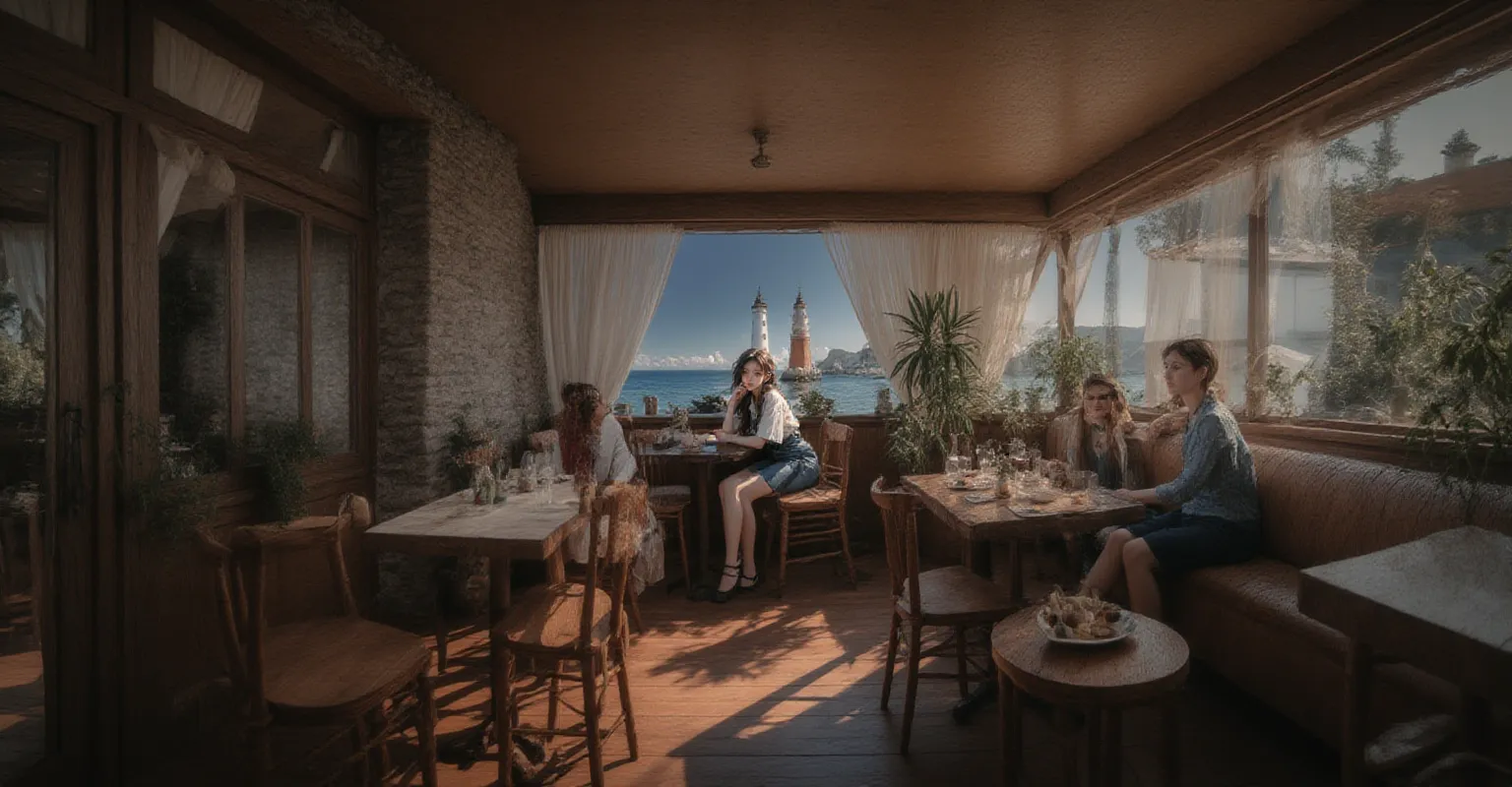a woman sitting at a table in a café overlooking a building, sitting in a café, in a bright café, on a large neoclassical square, in the center of St. Petersburg, Anna Nikonova, Alexander Rostov, on a terrace, in the center of the city, in a city rich in history, sitting on a mocha-colored table