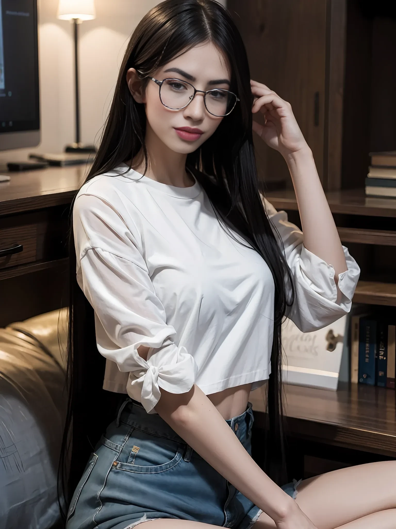 masterpiece, best quality,
1girl, black hair, long hair, glasses, medium breasts, casual,
