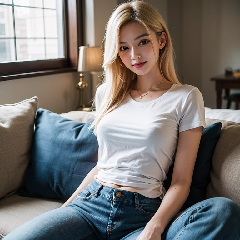 1girl, (Blue Eyes), (smiling :1.2), (Sana Minatozaki), (wide hips :1.2), Big tits, (big ass), (thin waist: 1.2), (thick and toned thighs :1.1), (Best Quality, 8k, Masterpiece: 1.3), Clear Focus: 1.2, Perfect Body Beauty: 1.4, strong abs, Highly detailed face and skin texture, detailed eyes, double eyelids, (shiny skin), (blonde long straight hair), (white t-shirt), (high waist jeans), lies on a couch, full body, in the living room